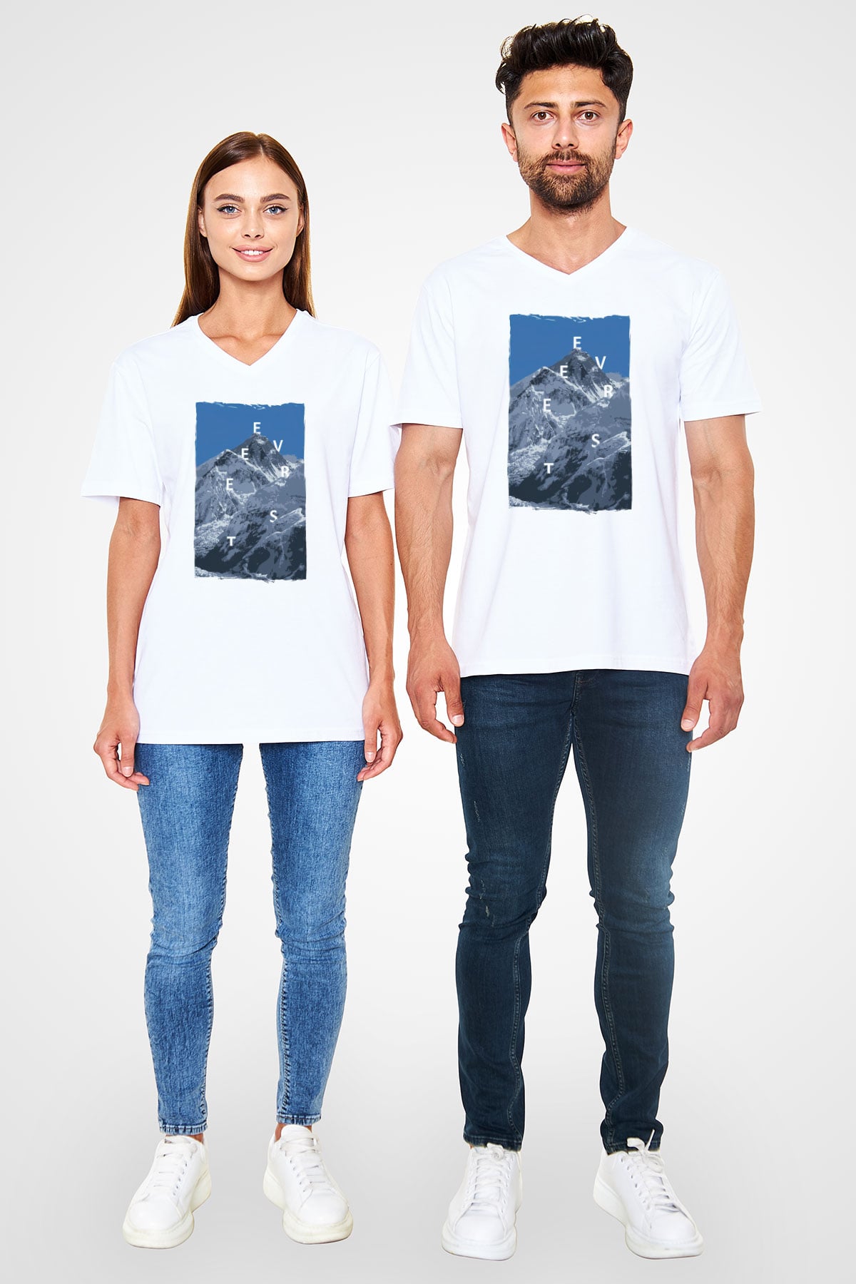 Everest Beyaz Unisex V Yaka Tişört