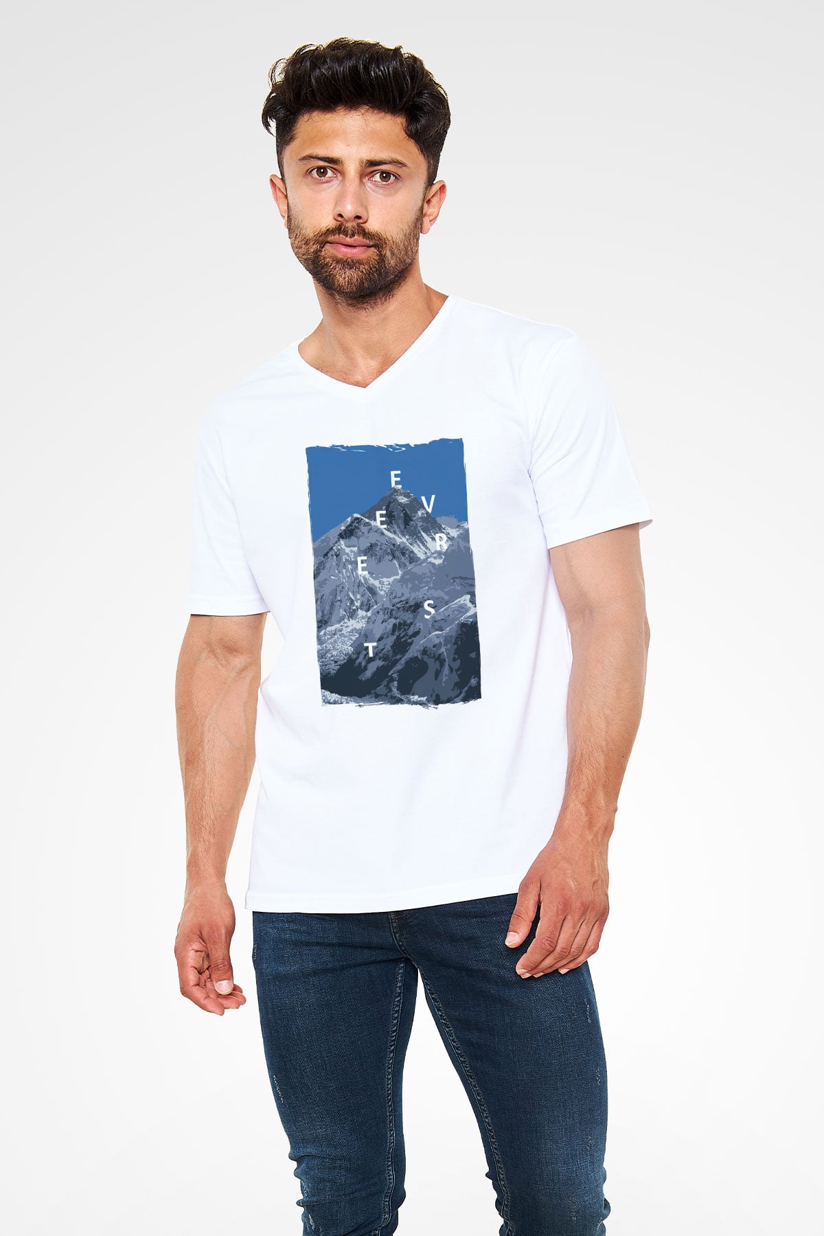 Everest Beyaz Unisex V Yaka Tişört