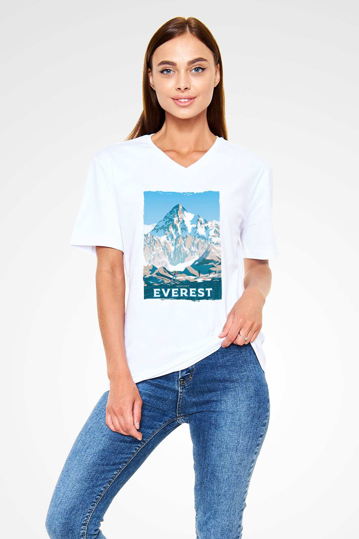 Everest Beyaz Unisex V Yaka Tişört