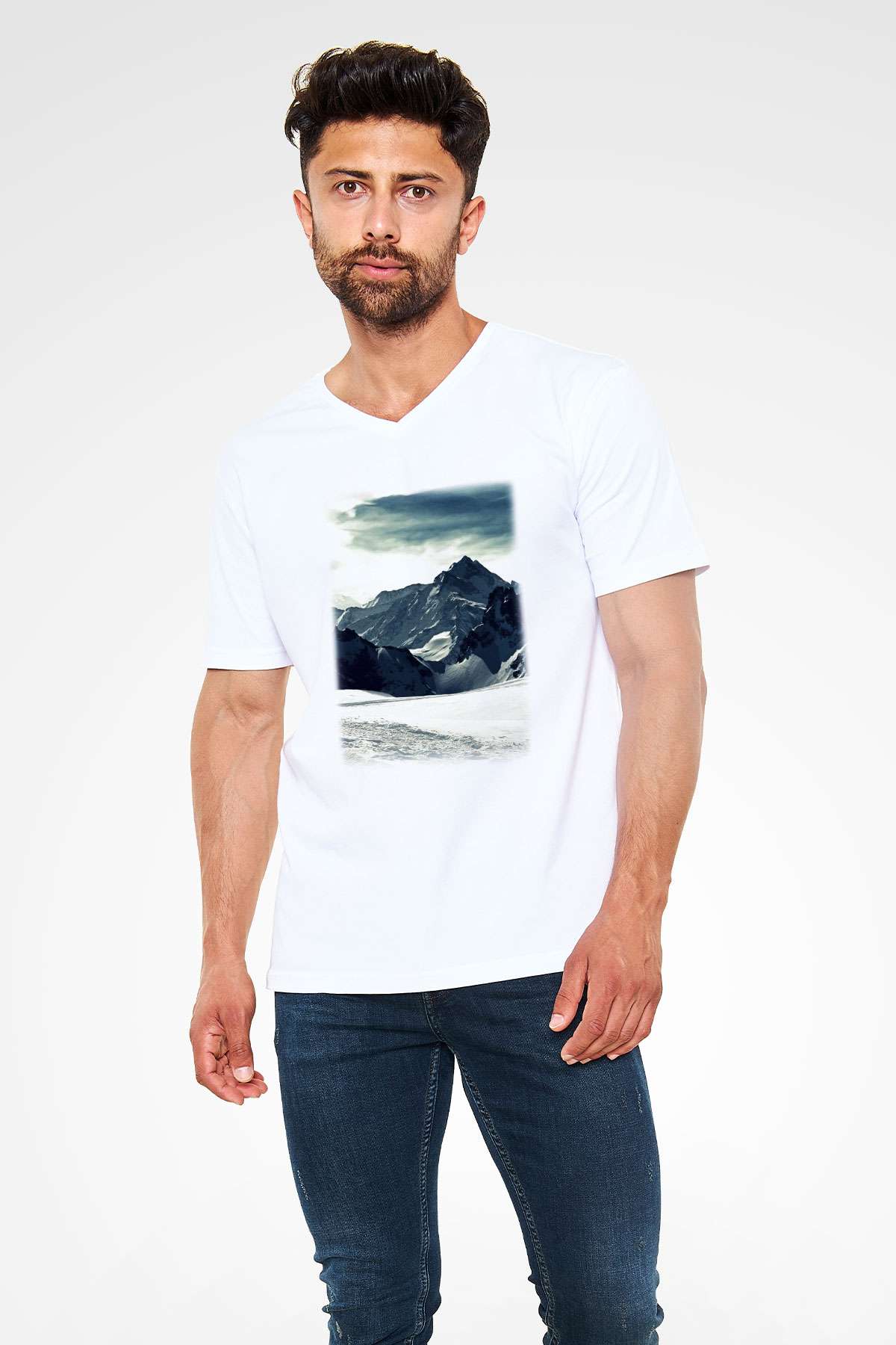Everest Beyaz Unisex V Yaka Tişört T-Shirt