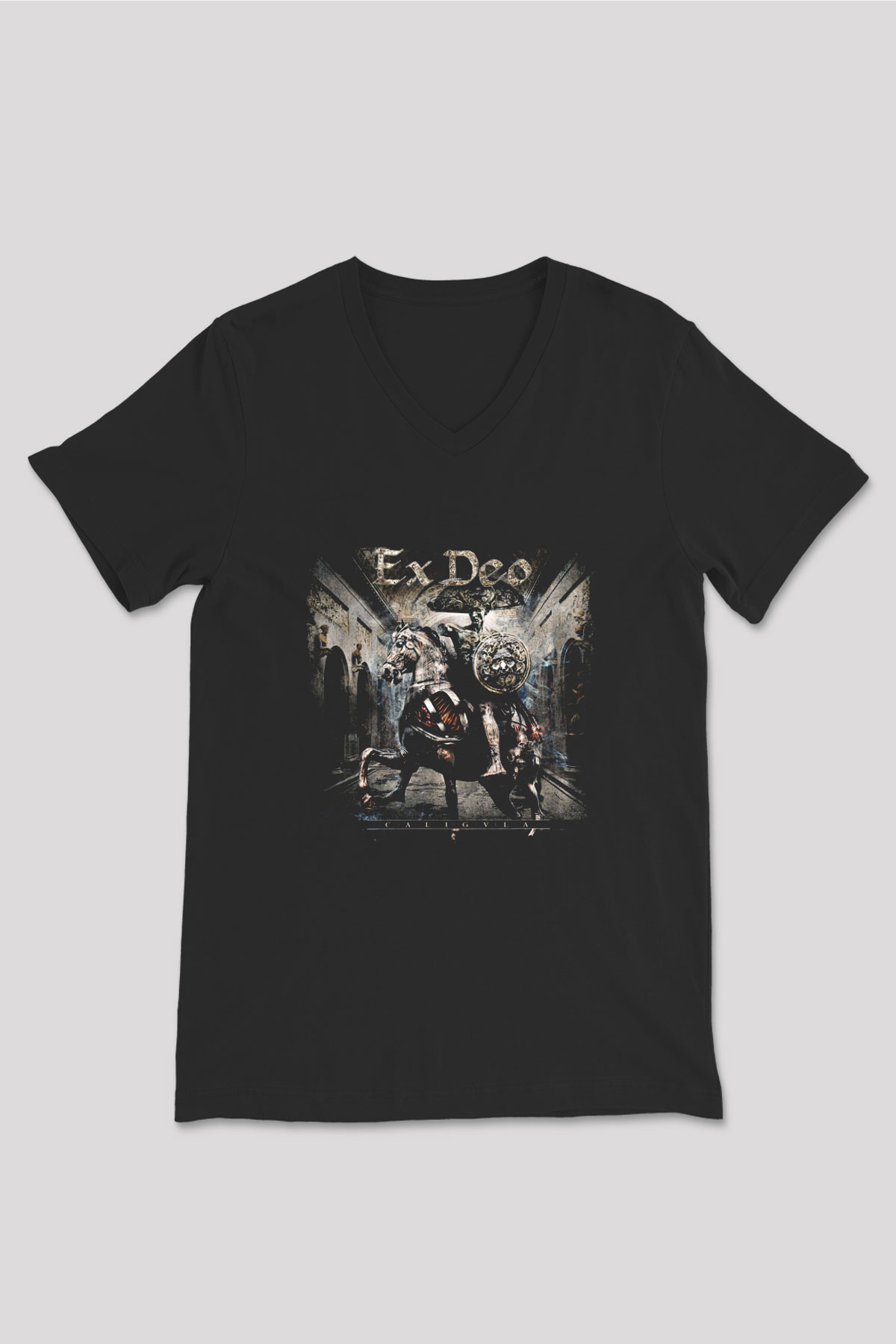 Ex Deo Baskılı Unisex Siyah V Yaka Tişört