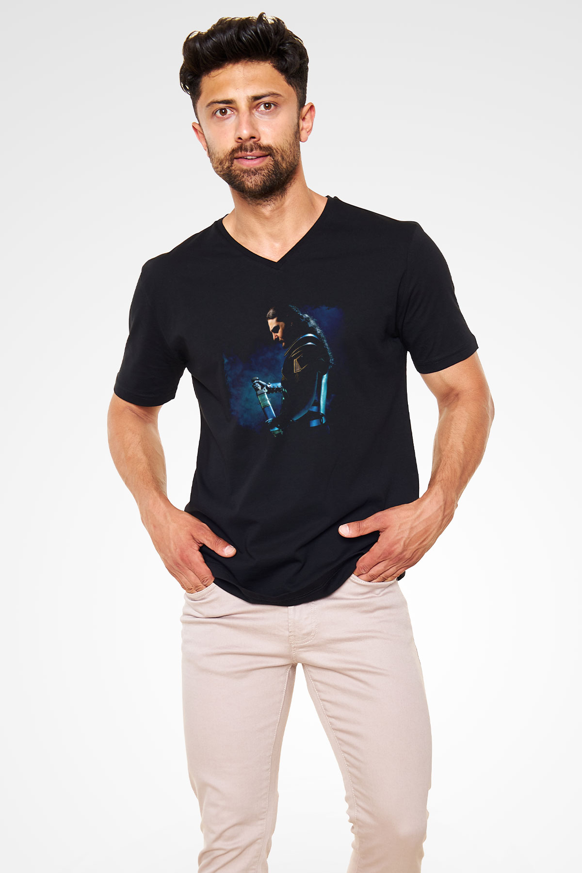 Ex Deo Baskılı Unisex Siyah V Yaka Tişört