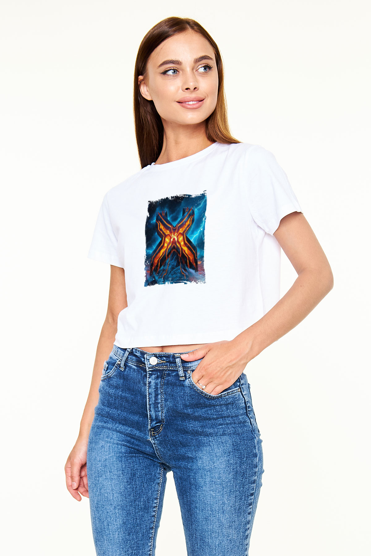 Excision Baskılı Beyaz Kadın Crop Top Tişört