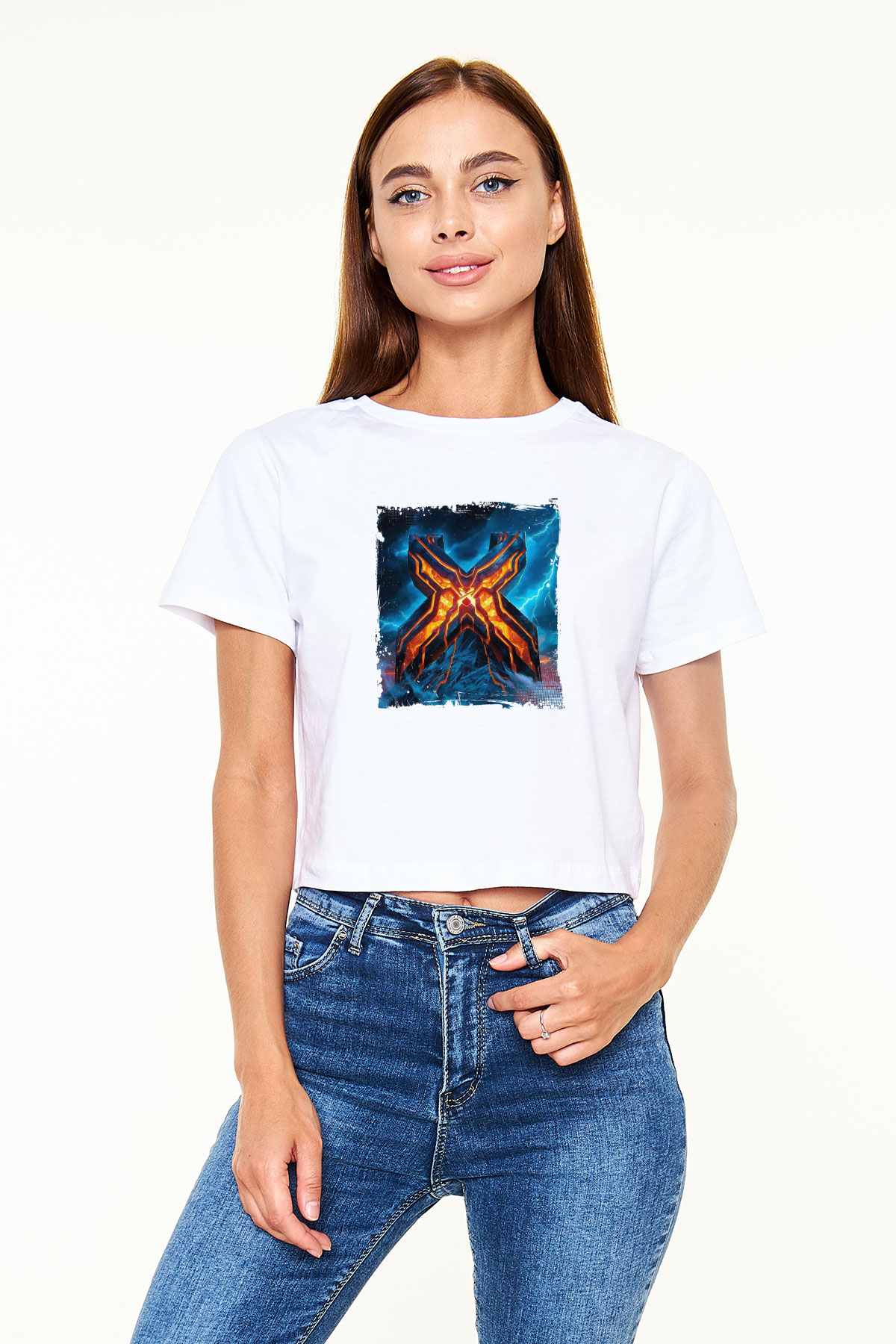 Excision Baskılı Beyaz Kadın Crop Top Tişört