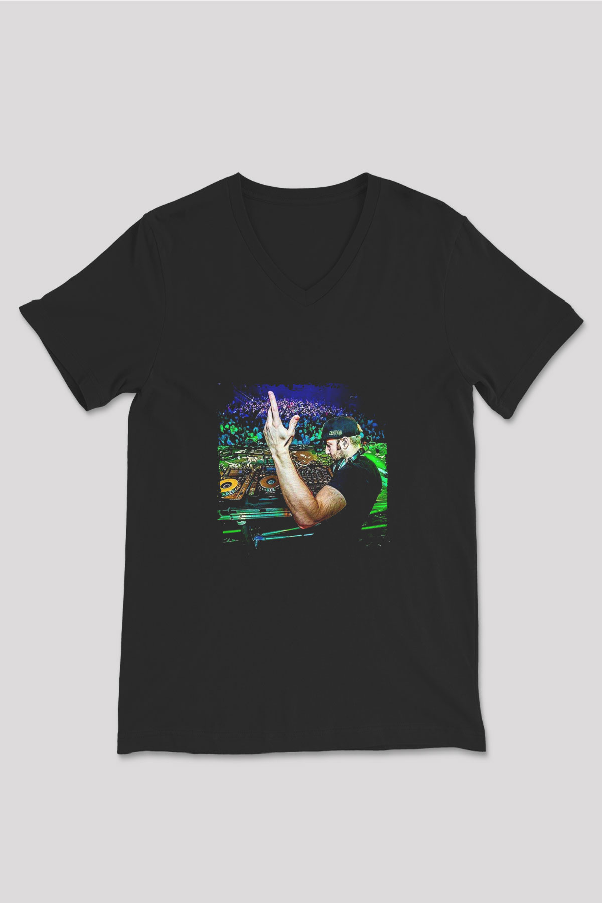 Excision Baskılı Unisex Siyah V Yaka Tişört