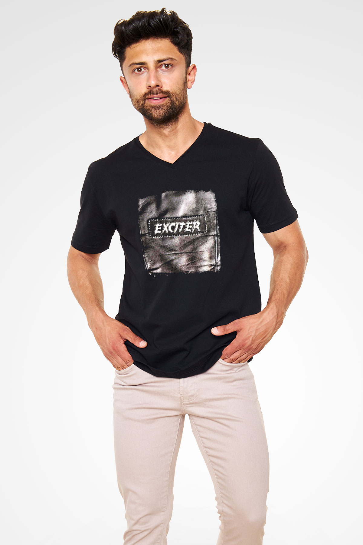 Exciter Baskılı Unisex Siyah V Yaka Tişört