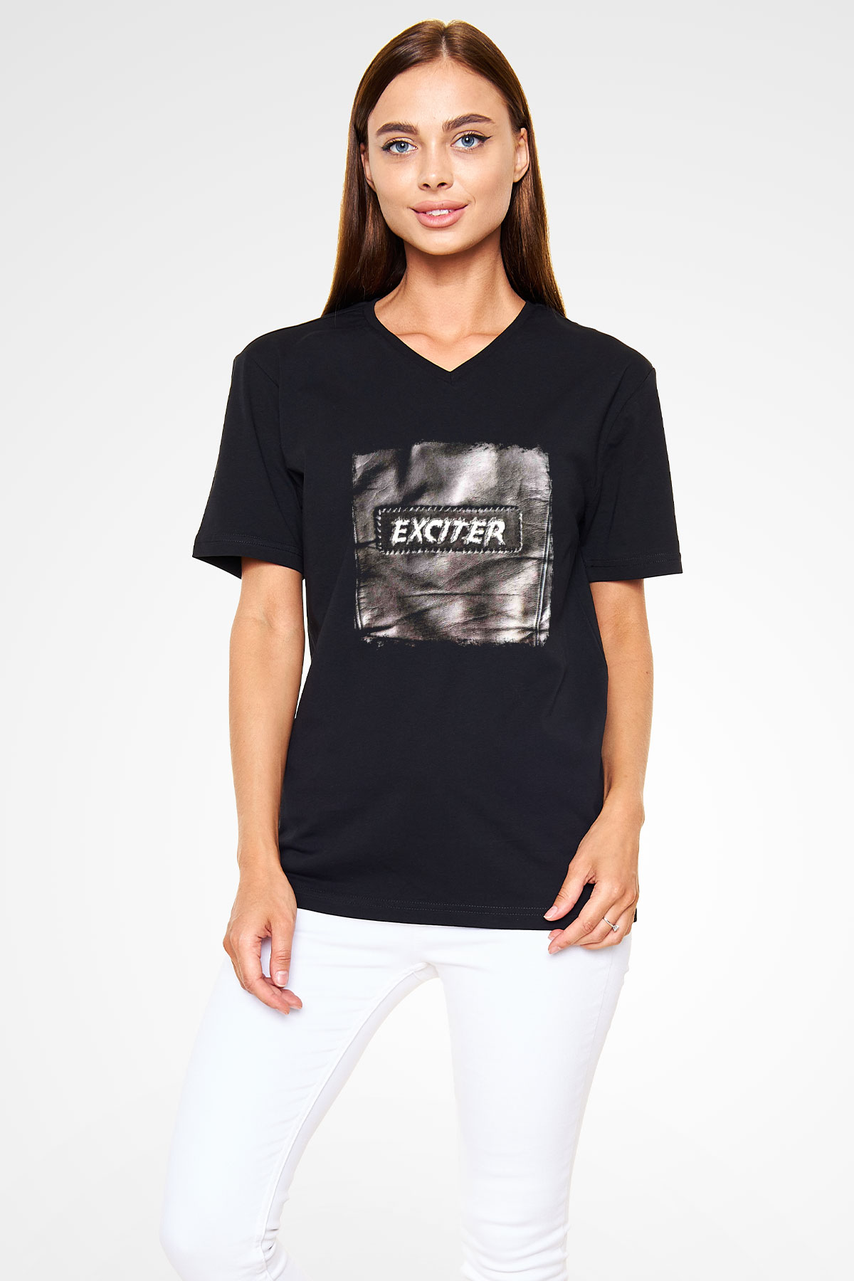 Exciter Baskılı Unisex Siyah V Yaka Tişört