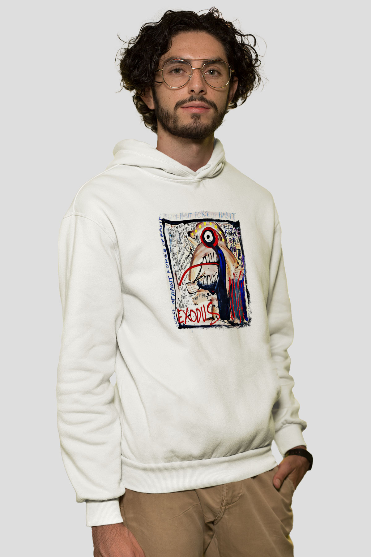 Exodus Baskılı Unisex Beyaz Hoodie