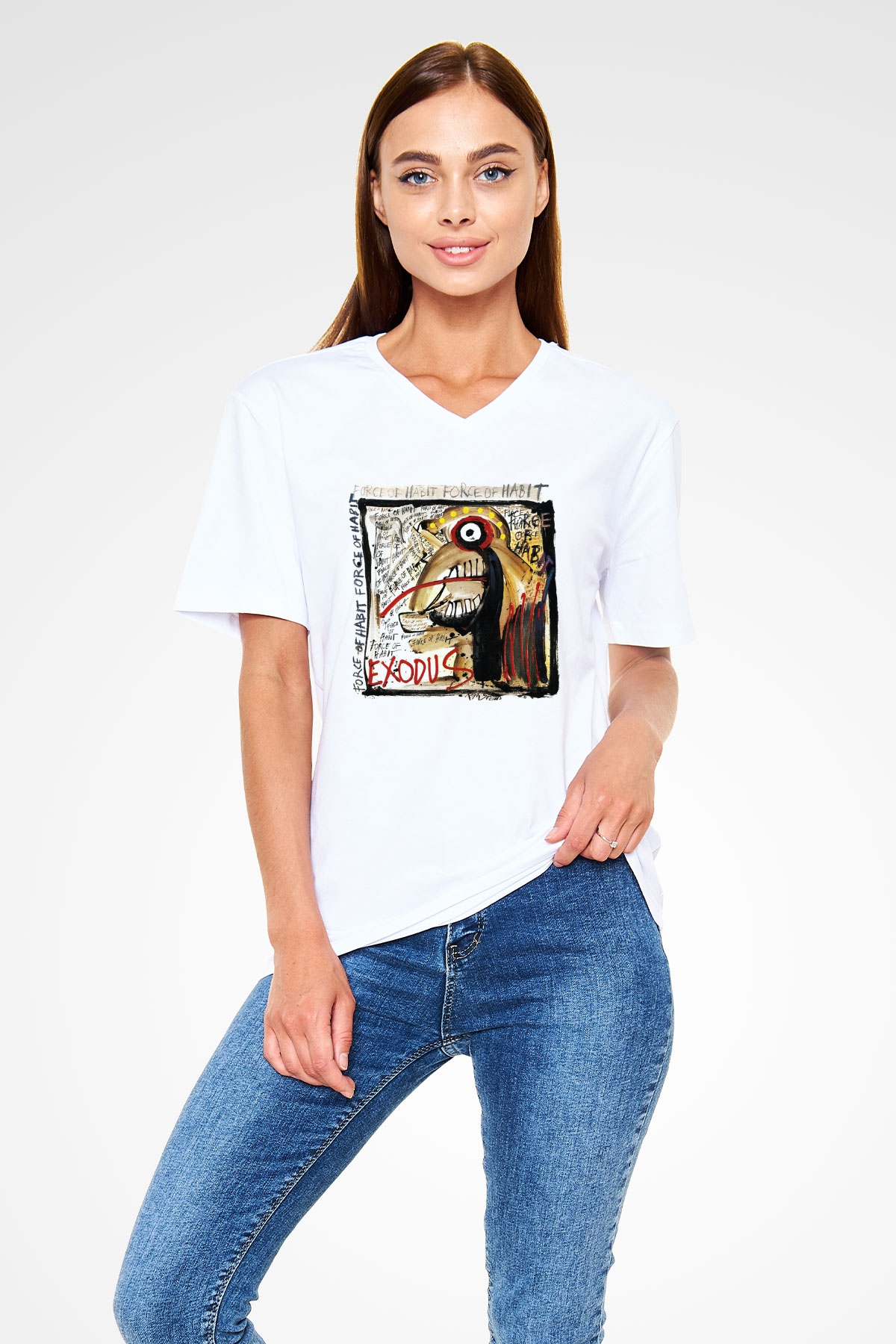 Exodus Beyaz Unisex V Yaka Tişört T-Shirt