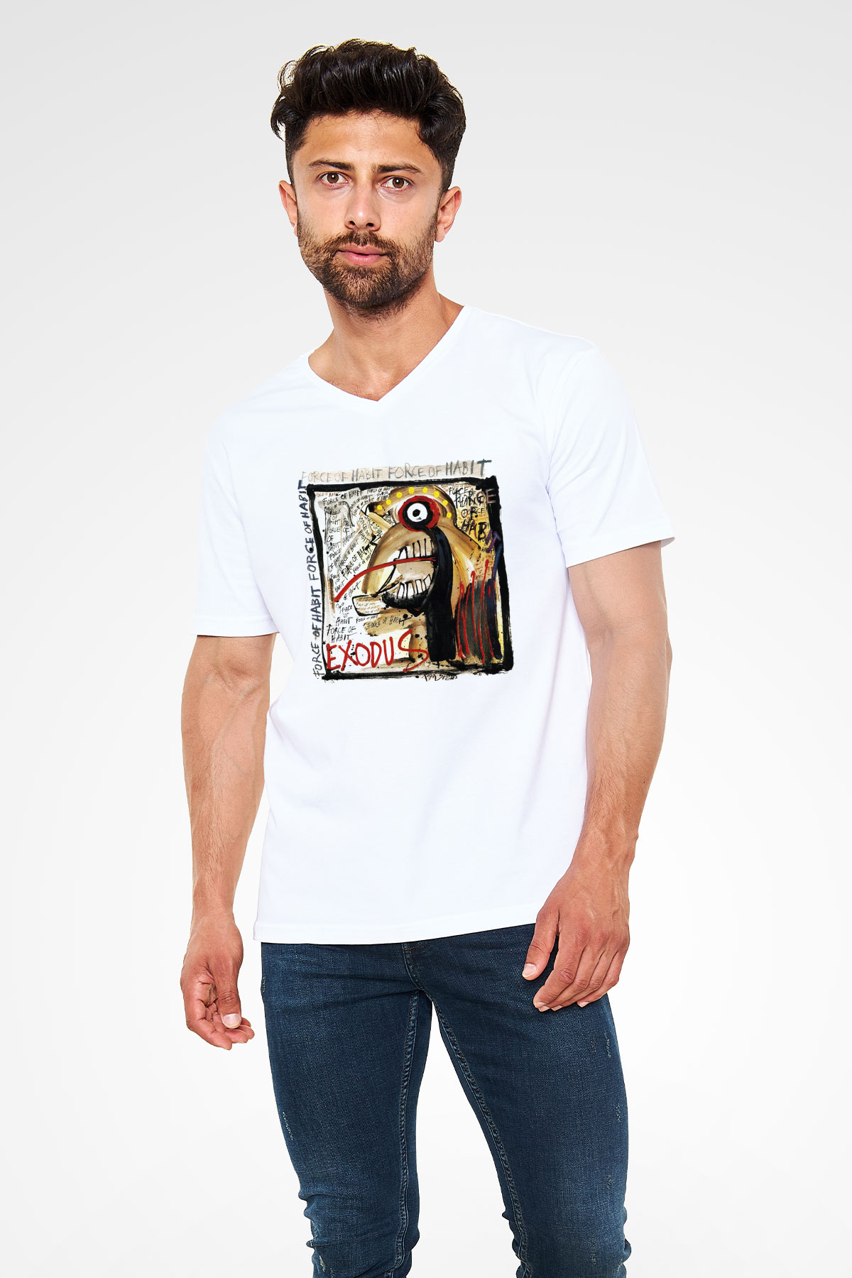 Exodus Beyaz Unisex V Yaka Tişört T-Shirt