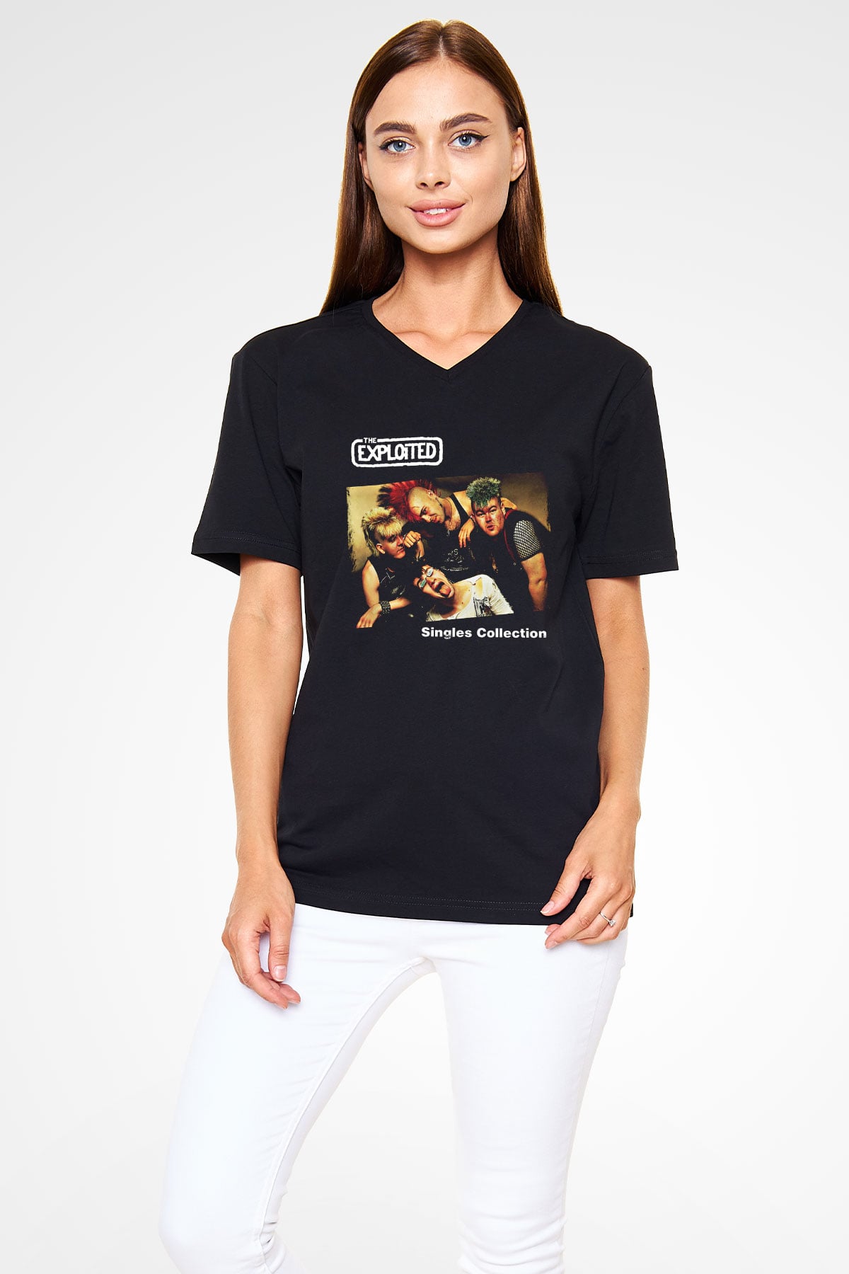 Exploited Baskılı Unisex Siyah V Yaka Tişört