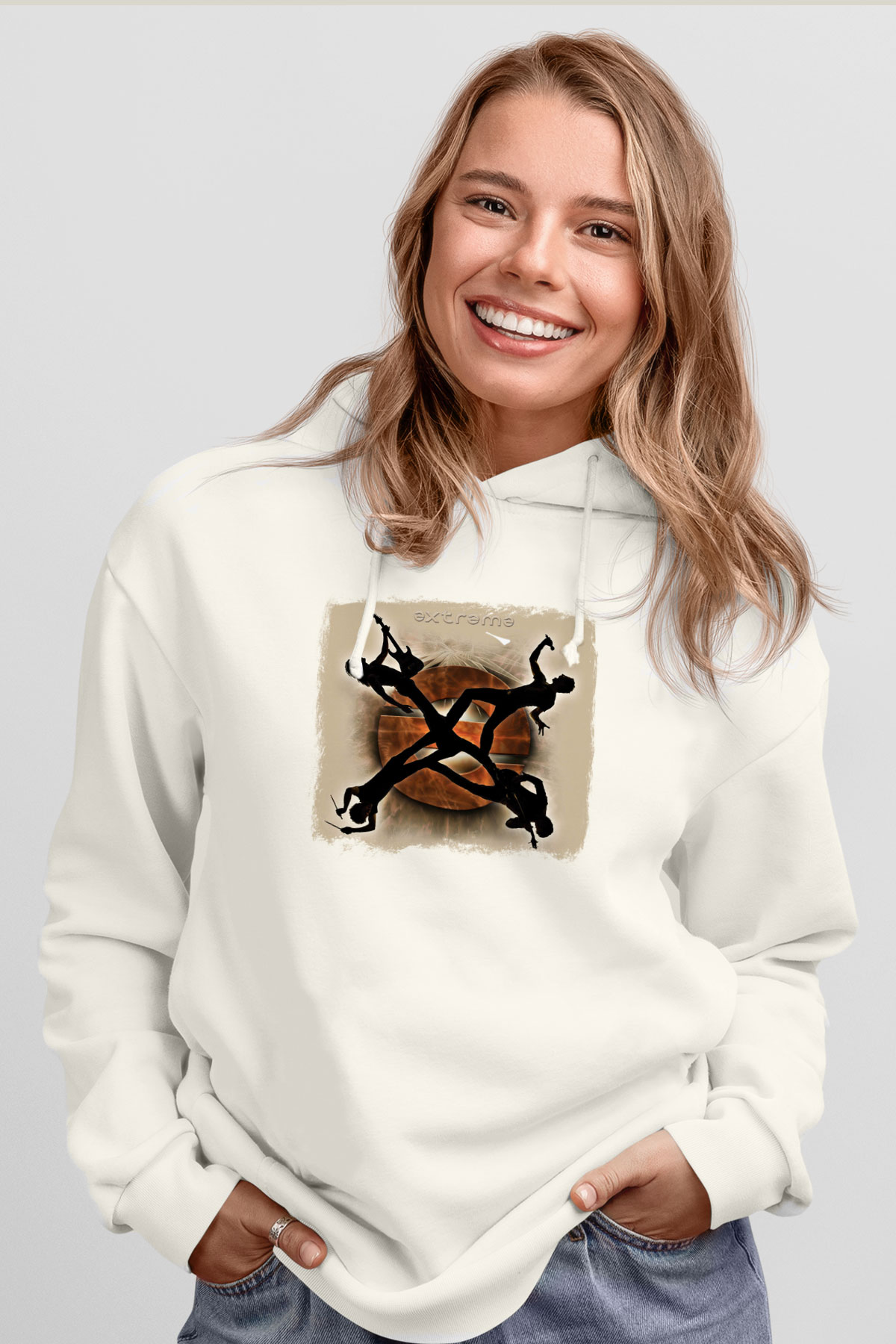 Extreme Baskılı Unisex Beyaz Hoodie