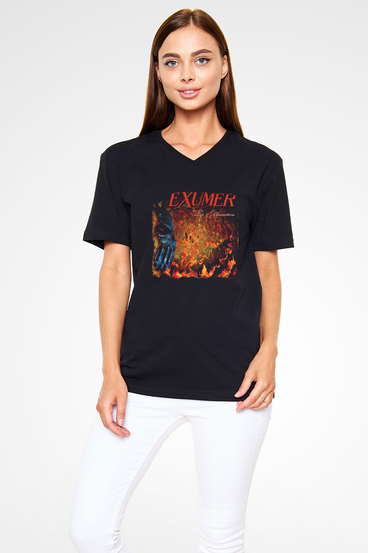 Exumer Baskılı Unisex Siyah V Yaka Tişört