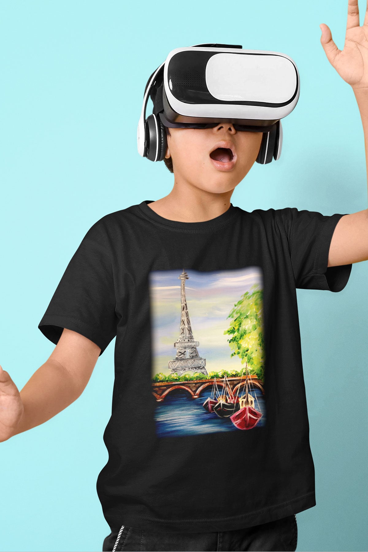 Eyfel Kulesi Baskılı Siyah Unisex Çocuk Tişört