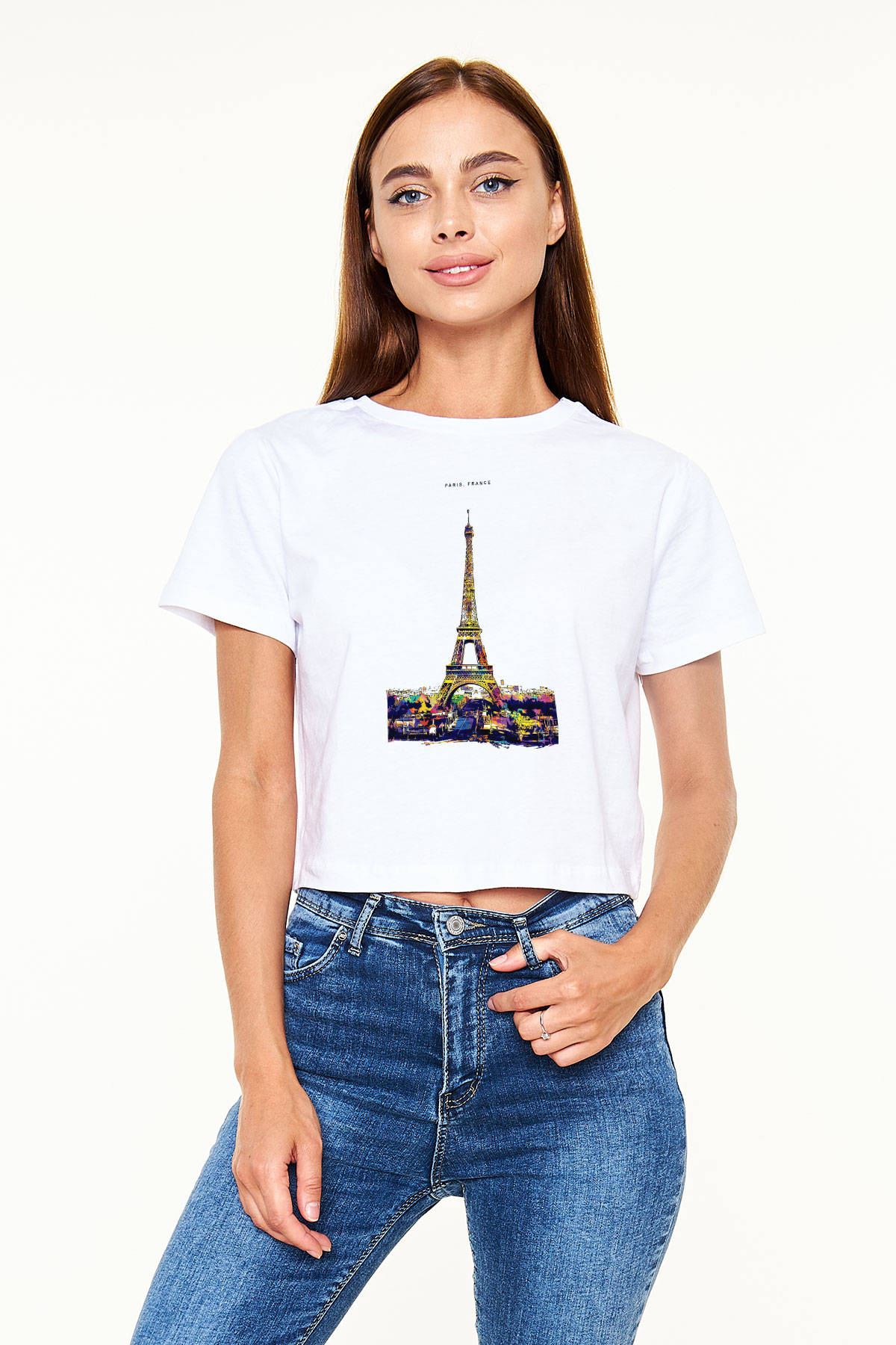 Eyfel Kulesi Beyaz  Crop Top Tişört