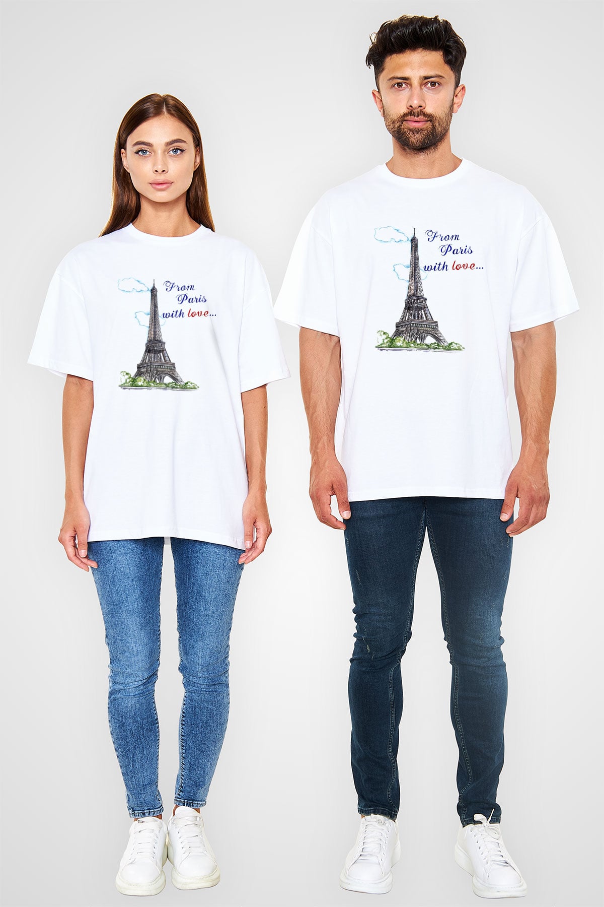 Eyfel Kulesi Beyaz Unisex Oversize Tişört T-Shirt