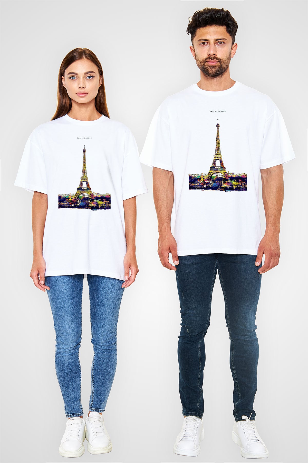 Eyfel Kulesi Beyaz Oversize Tişört Oversize T-shirt - TişörtFabrikası