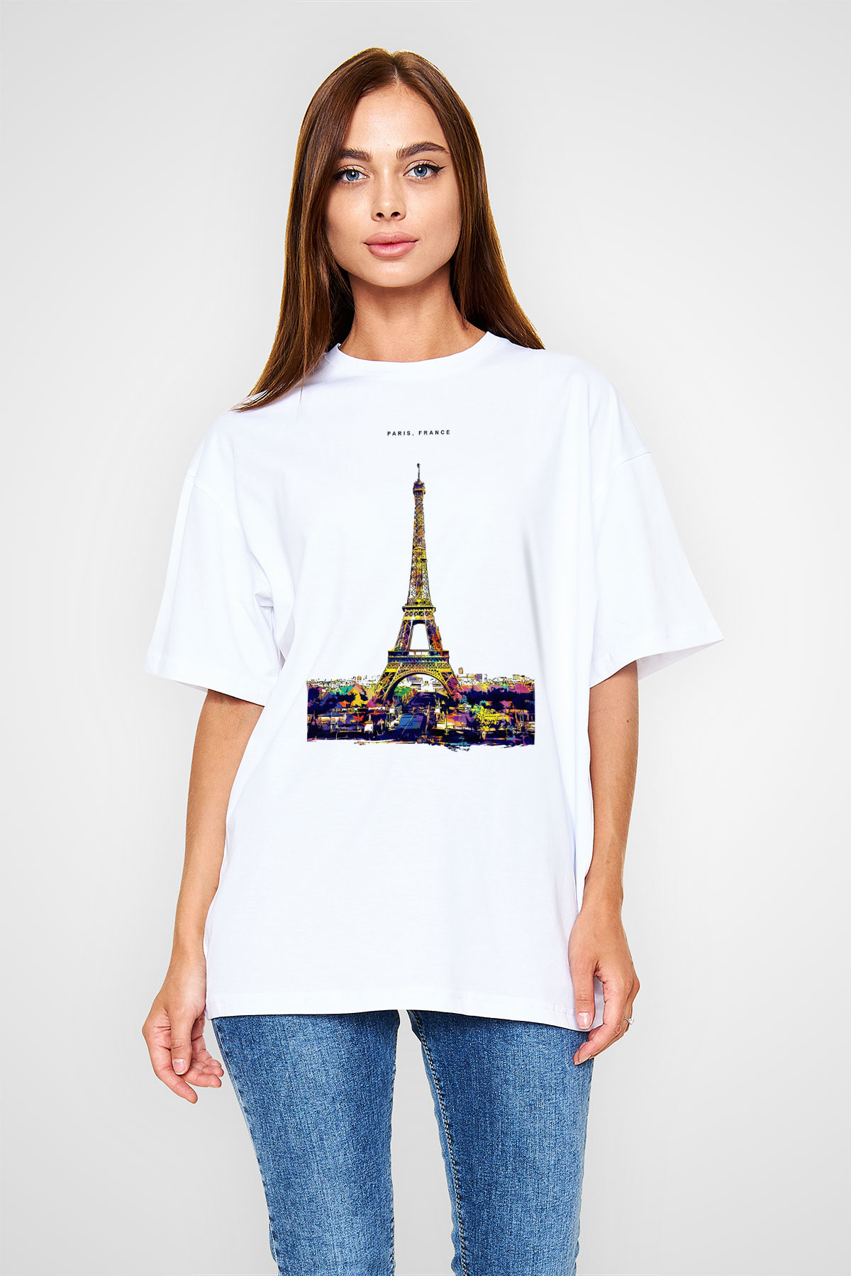 Eyfel Kulesi Beyaz Oversize Tişört Oversize T-shirt - TişörtFabrikası