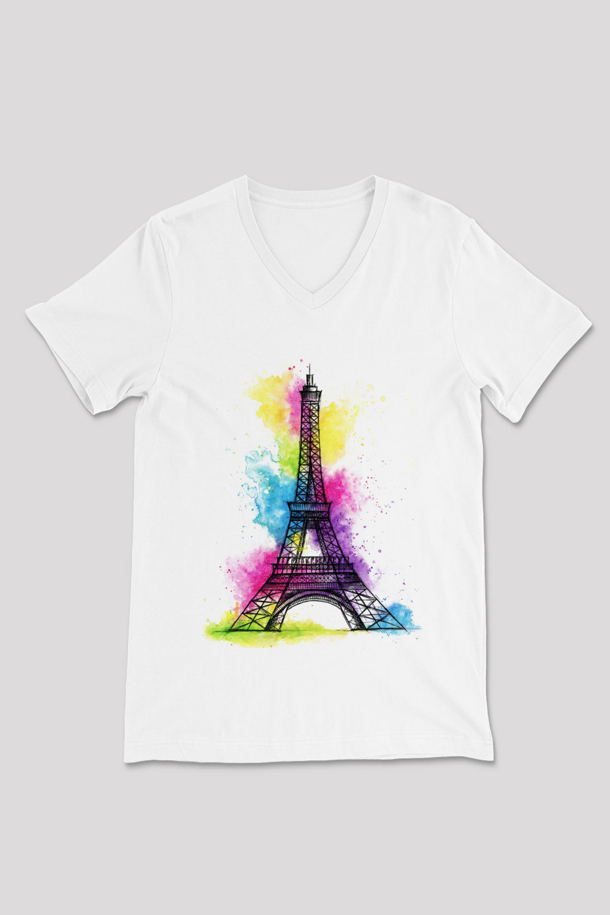Eyfel Kulesi Beyaz Unisex V Yaka Tişört T-Shirt
