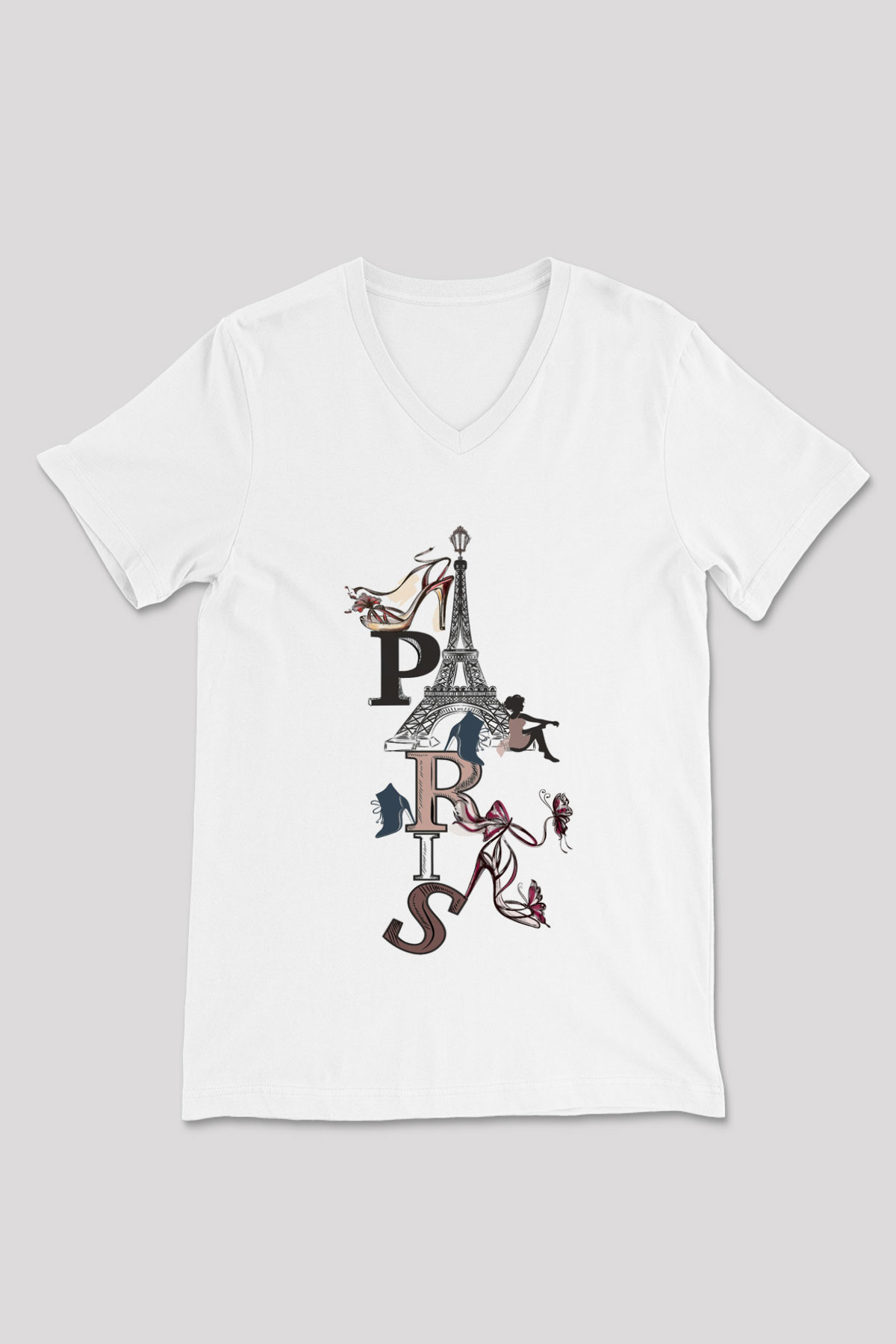 Eyfel Kulesi Beyaz Unisex V Yaka Tişört T-Shirt