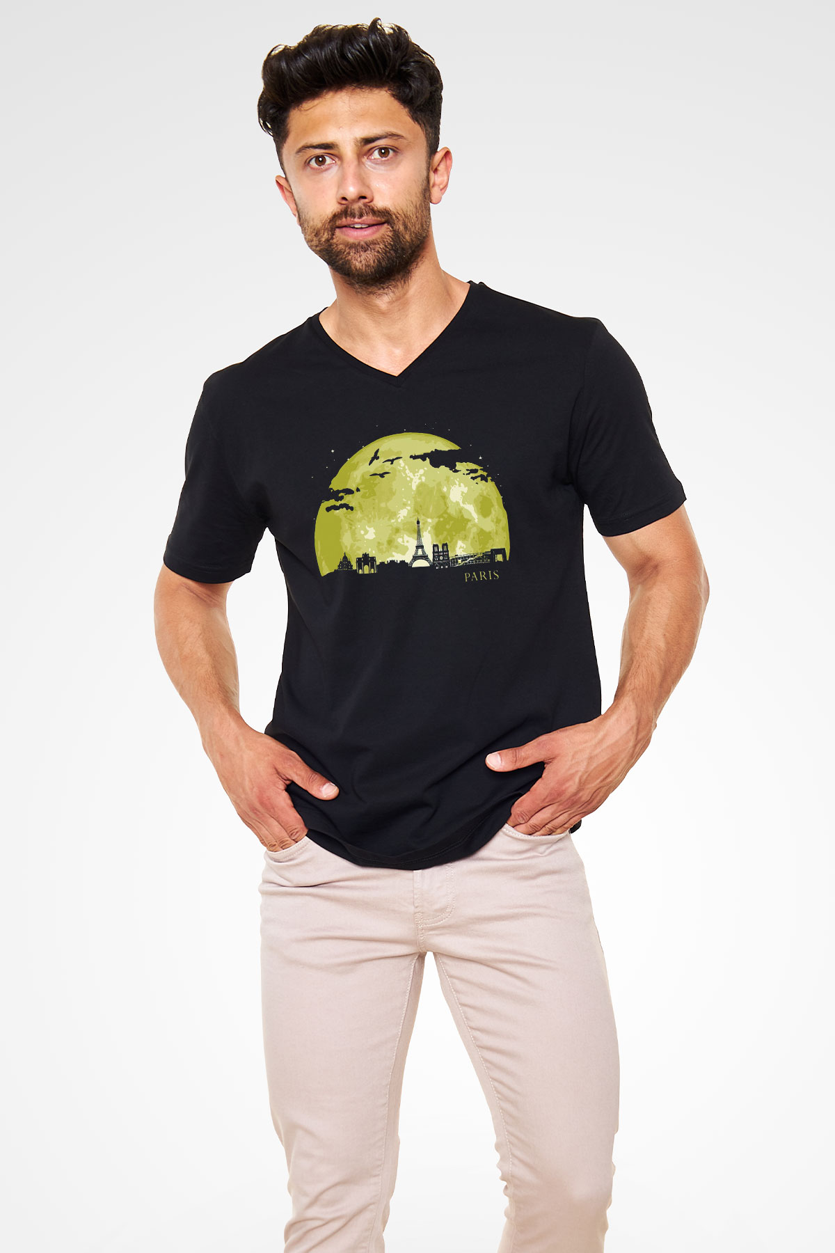 Eyfel Kulesi Siyah Unisex V Yaka Tişört