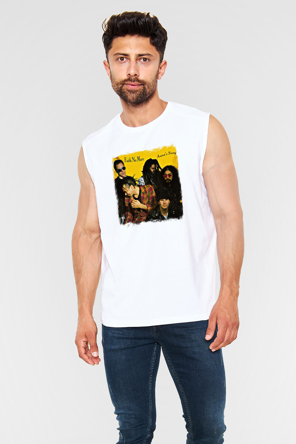 Faith No More Baskılı Unisex Beyaz Kolsuz Tişört
