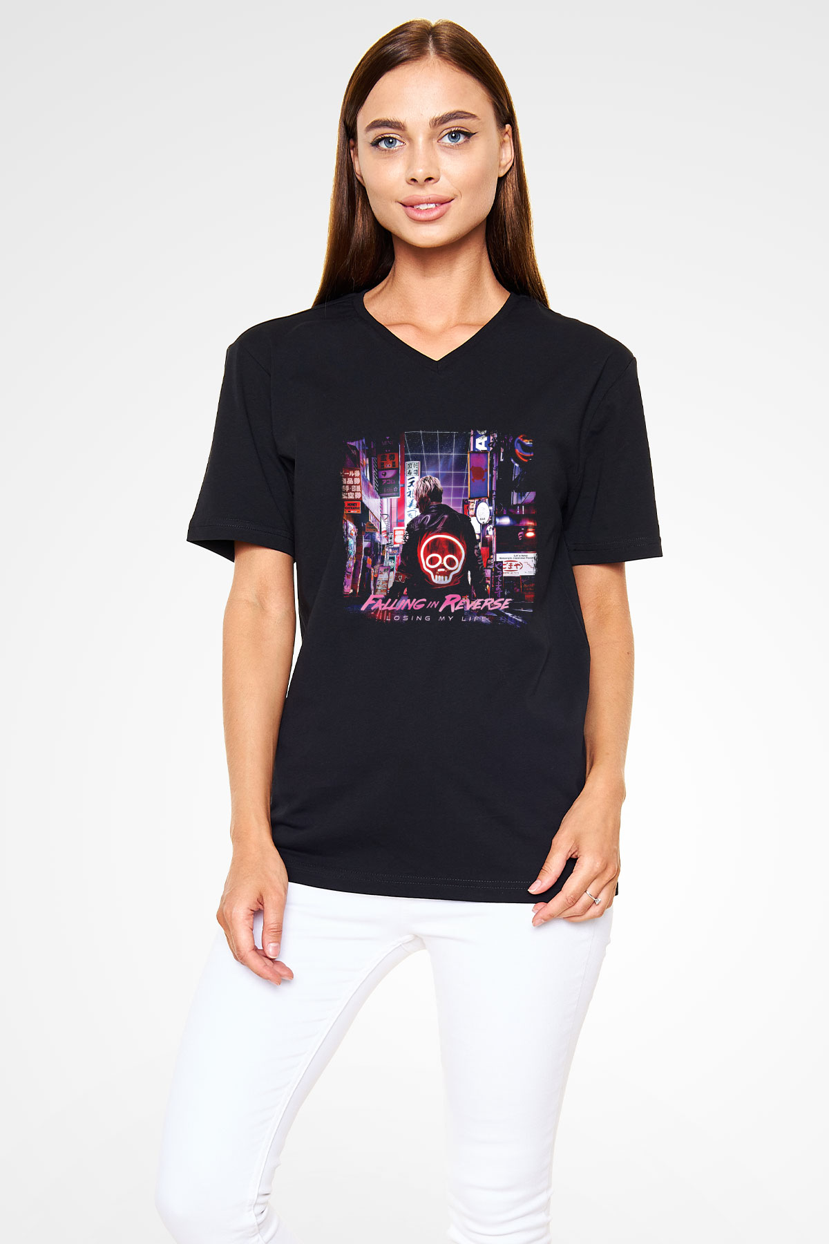 Falling In Reverse Baskılı Unisex Siyah V Yaka Tişört