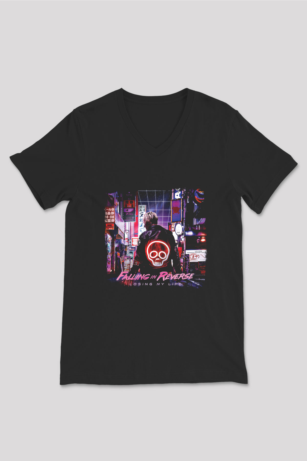 Falling In Reverse Baskılı Unisex Siyah V Yaka Tişört
