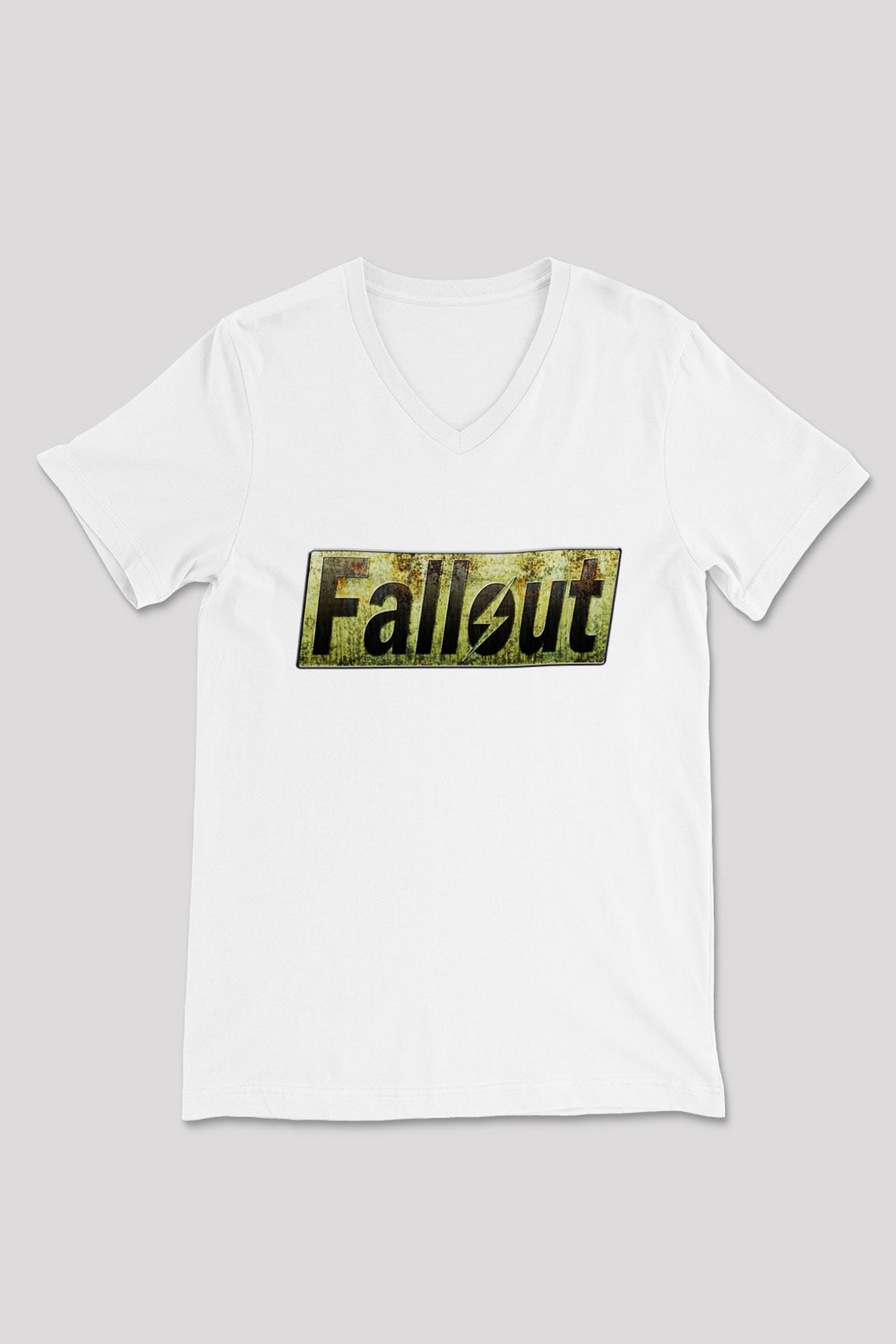 Fallout Beyaz Unisex V Yaka Tişört T-Shirt