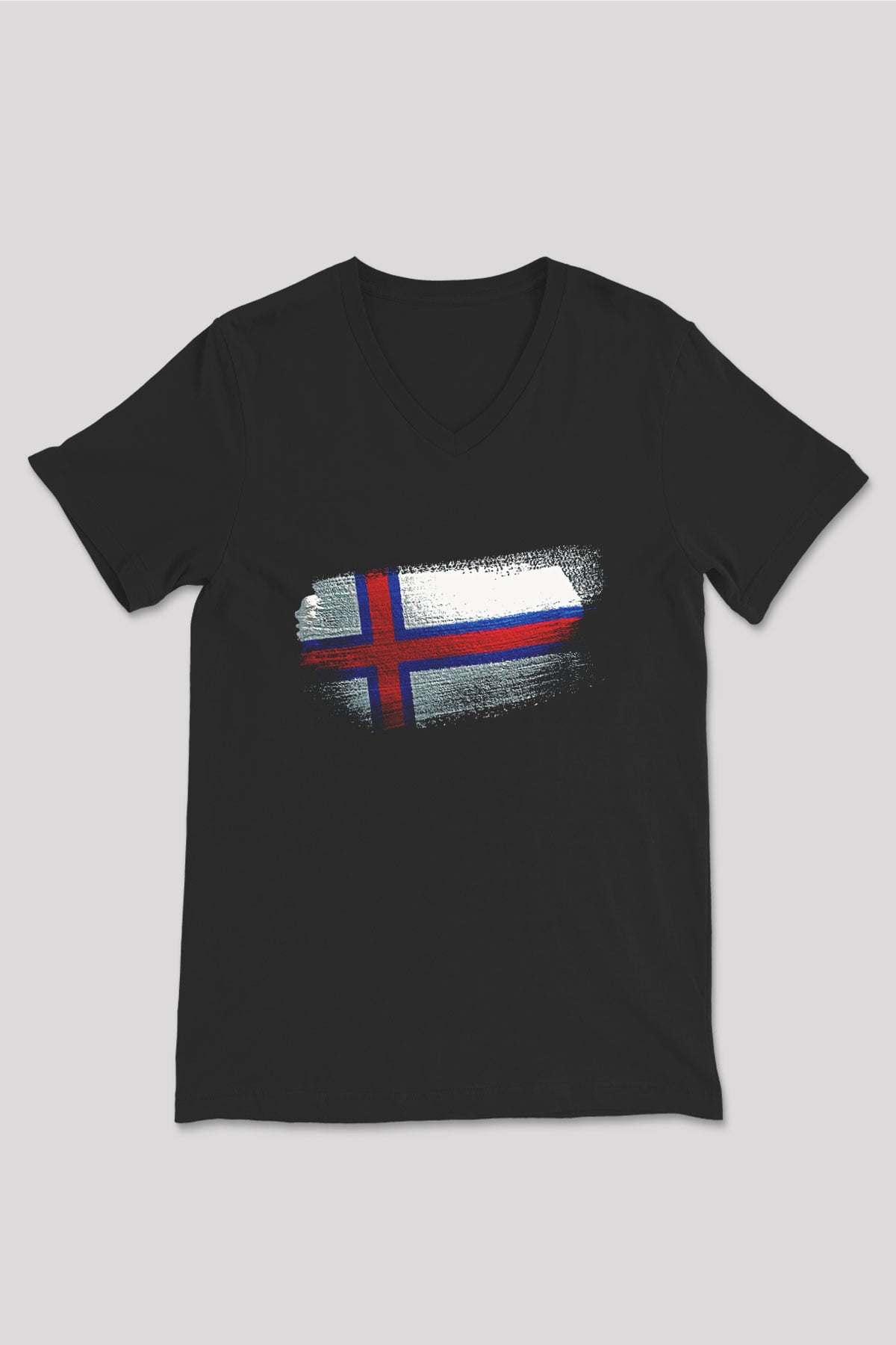 Faroe Adaları - Faroe İslands Bayrağı Baskılı Unisex Siyah V Yaka Tişört