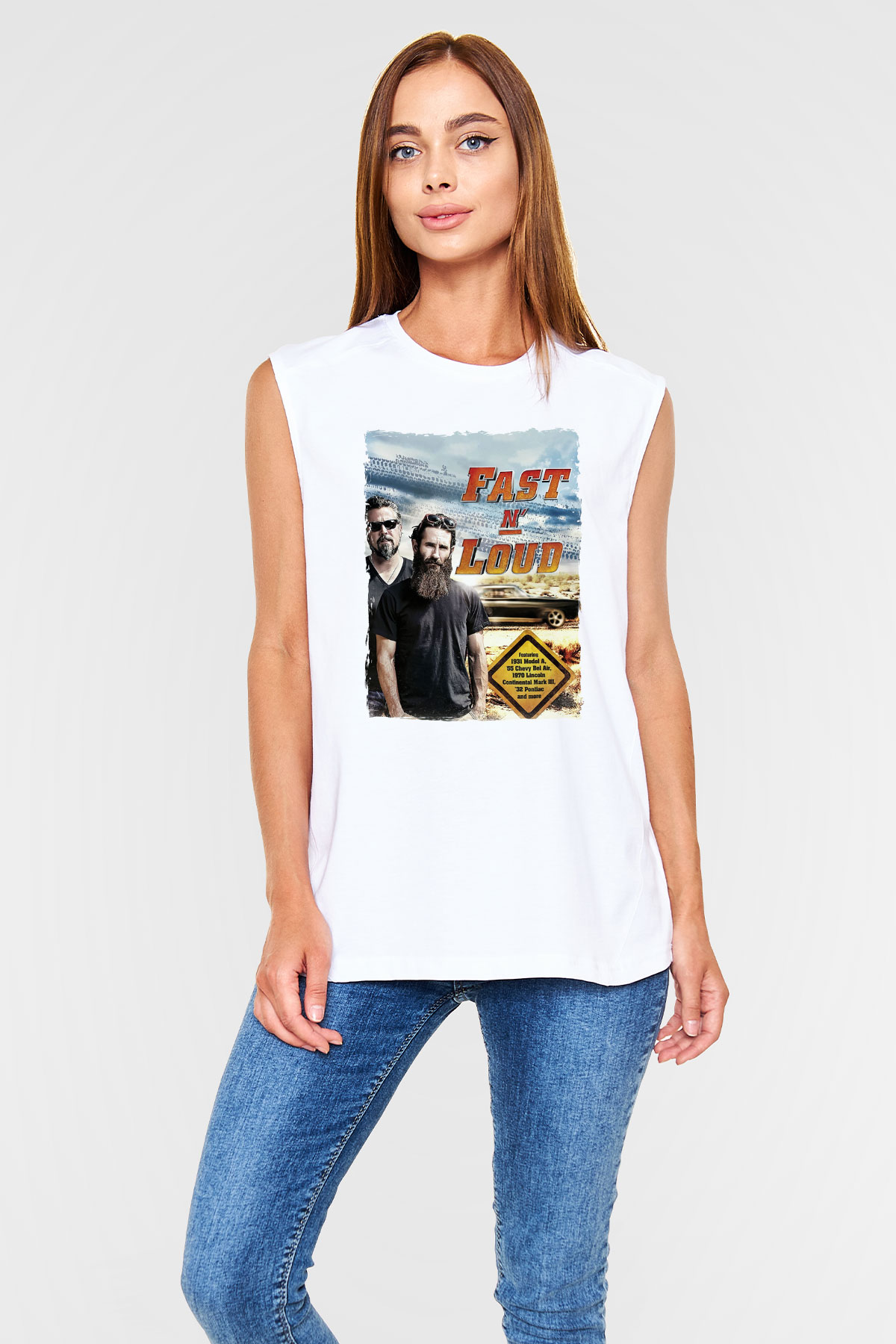Fast N Loud Beyaz Unisex Kolsuz Tişört
