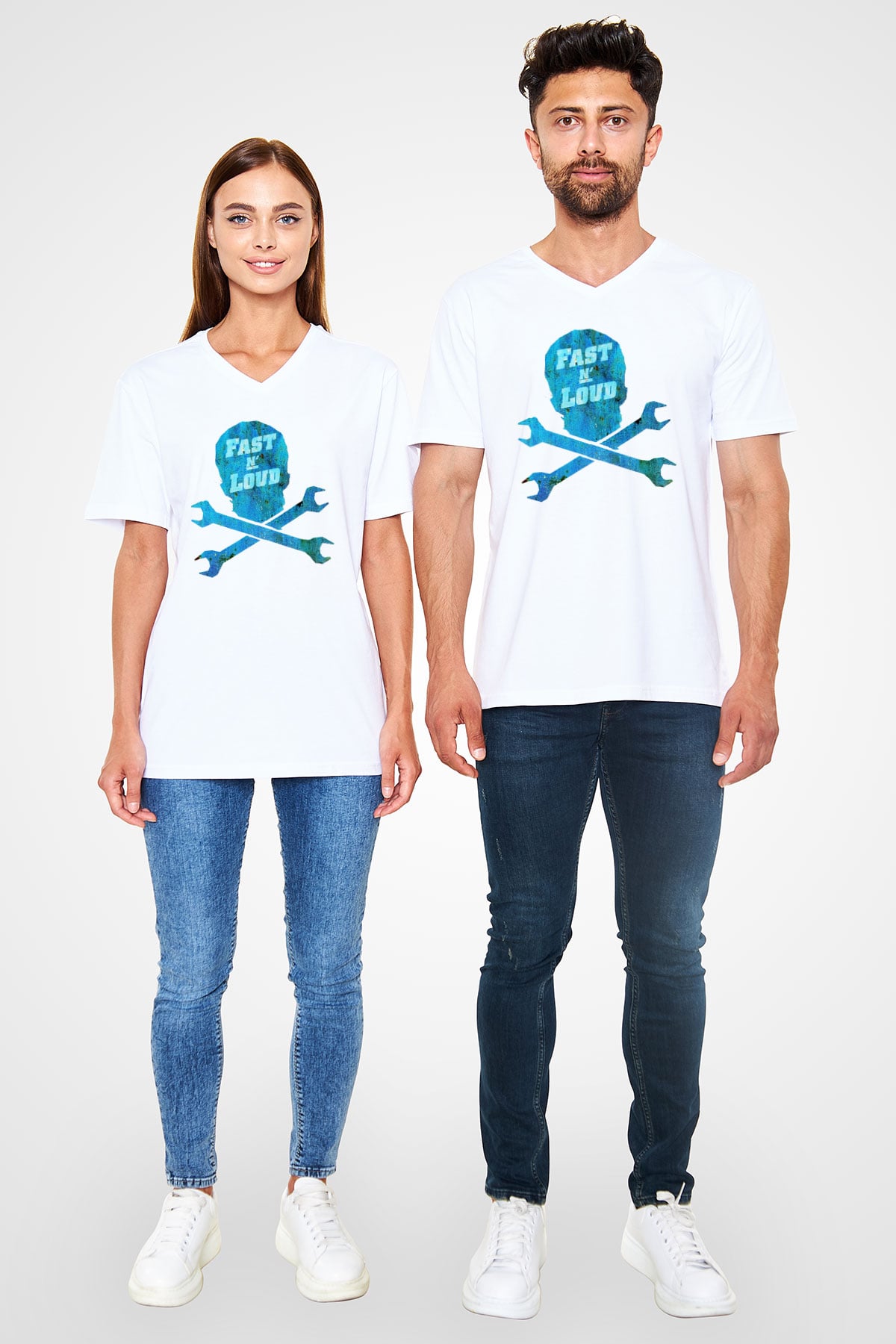 Fast N Loud Beyaz Unisex V Yaka Tişört T-Shirt