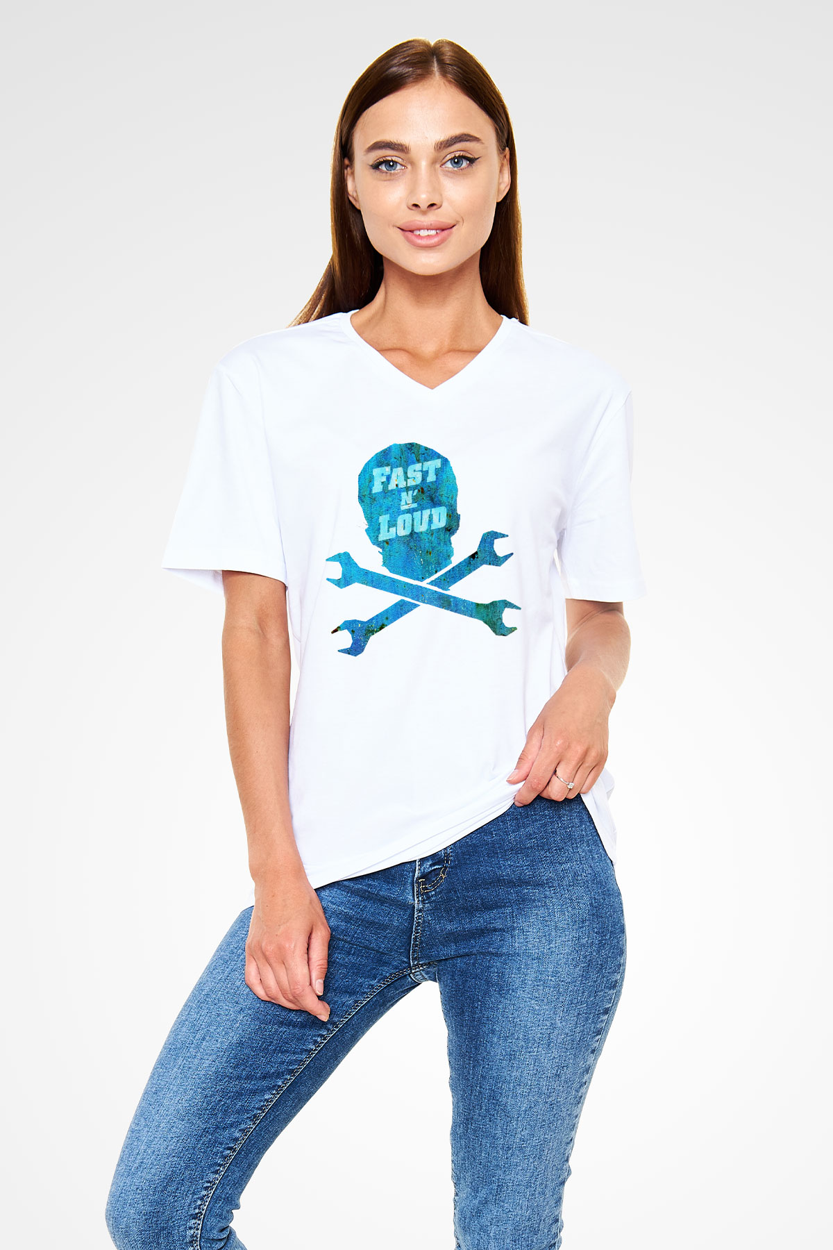 Fast N Loud Beyaz Unisex V Yaka Tişört T-Shirt