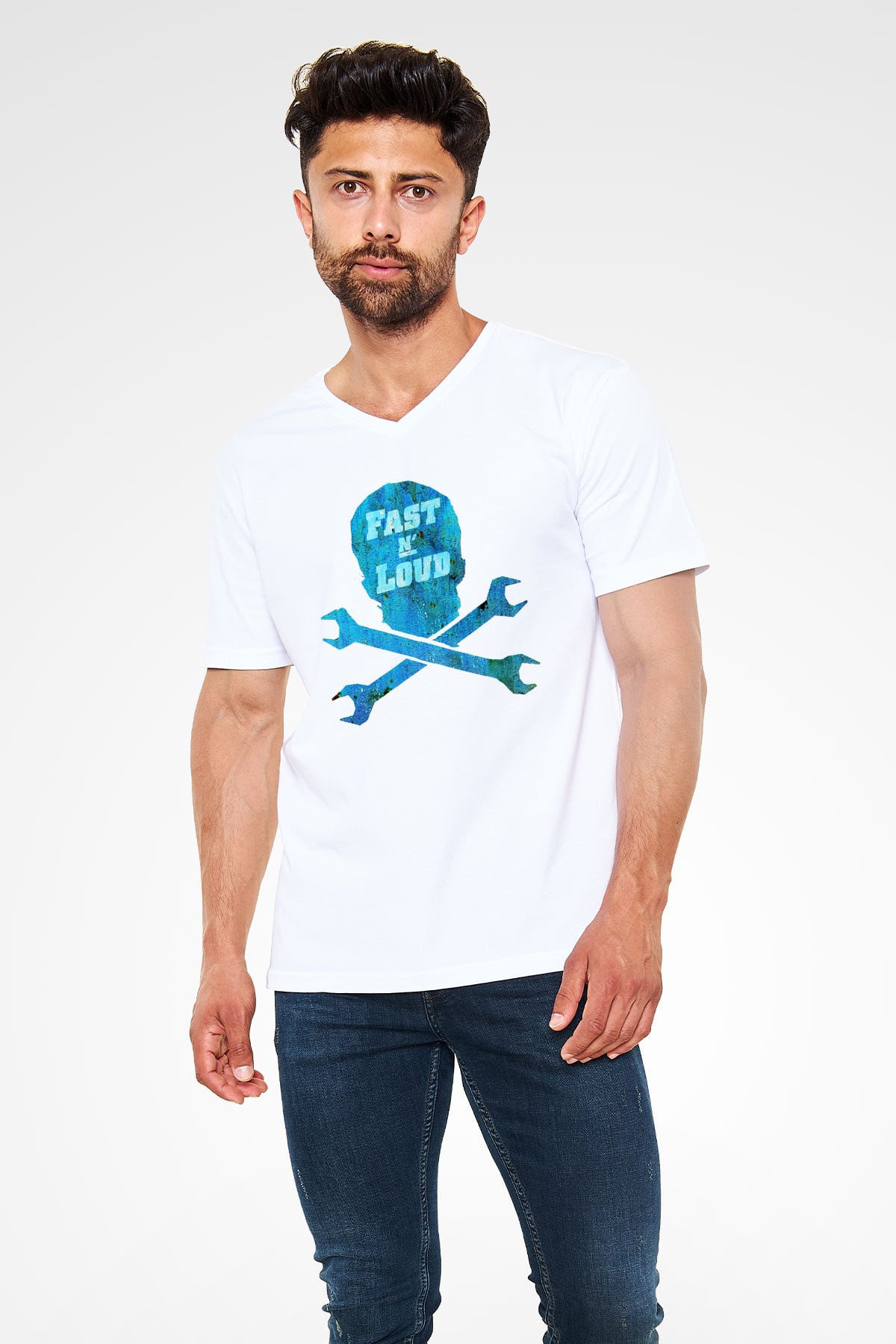Fast N Loud Beyaz Unisex V Yaka Tişört T-Shirt
