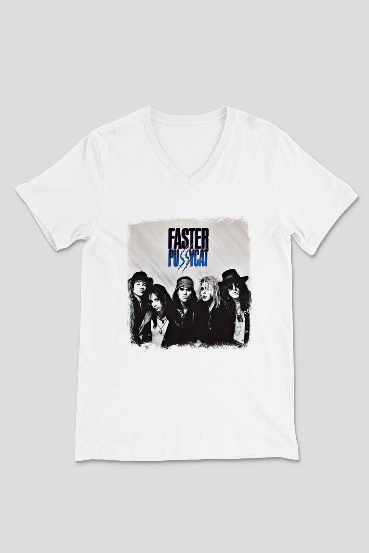Faster Pussycat Baskılı Unisex Beyaz V Yaka Tişört