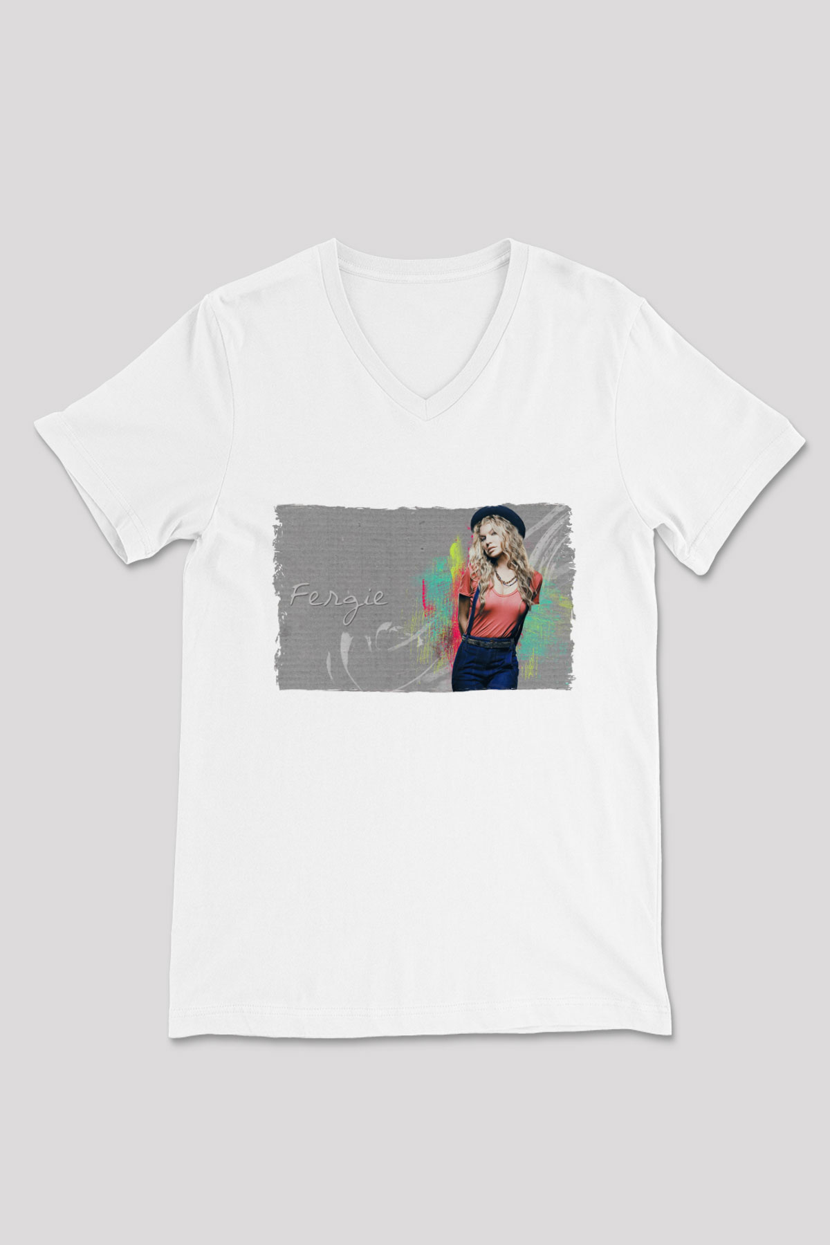 Fergie Beyaz Unisex V Yaka Tişört