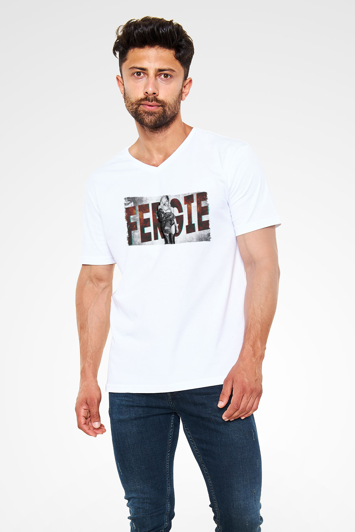 Fergie Beyaz Unisex V Yaka Tişört
