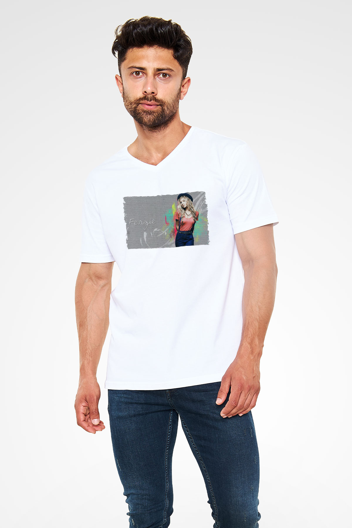 Fergie Beyaz Unisex V Yaka Tişört