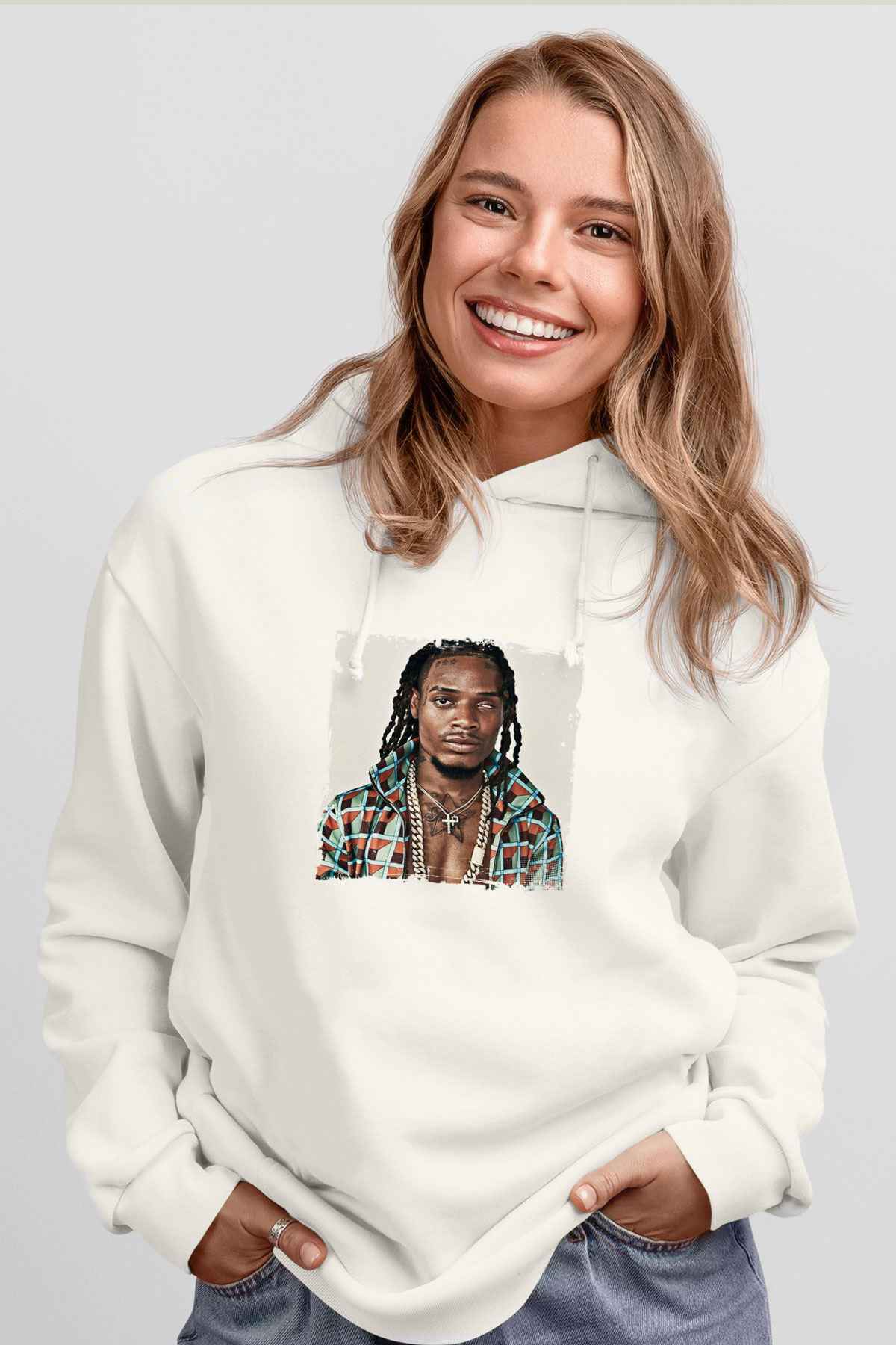 Fetty Wap Baskılı Unisex Beyaz Kapüşonlu Sweatshirt