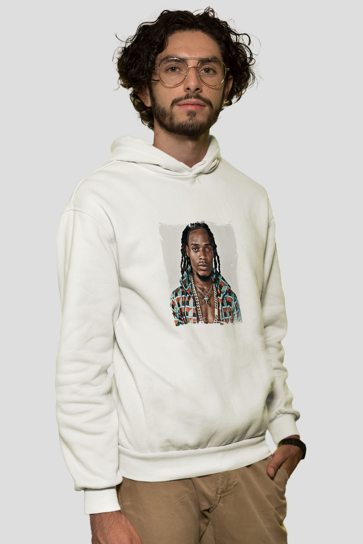 Fetty Wap Baskılı Unisex Beyaz Kapüşonlu Sweatshirt