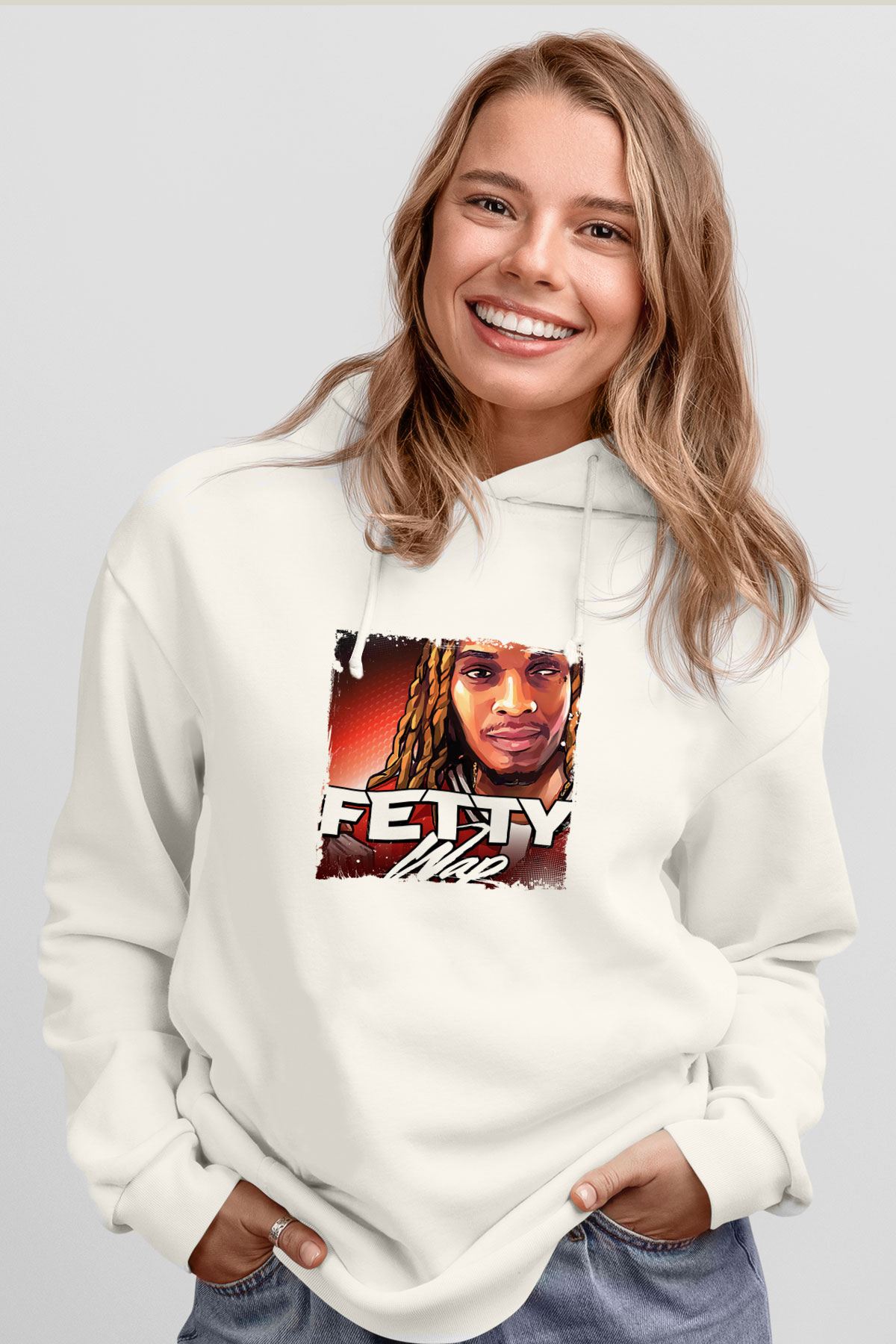 Fetty Wap Baskılı Unisex Beyaz Kapüşonlu Sweatshirt