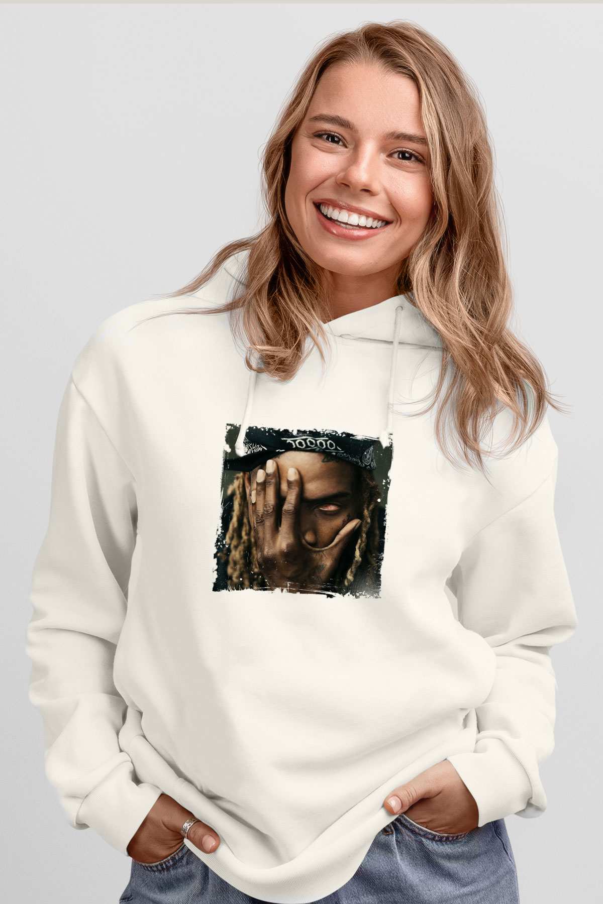 Fetty Wap Baskılı Unisex Beyaz Kapüşonlu Sweatshirt