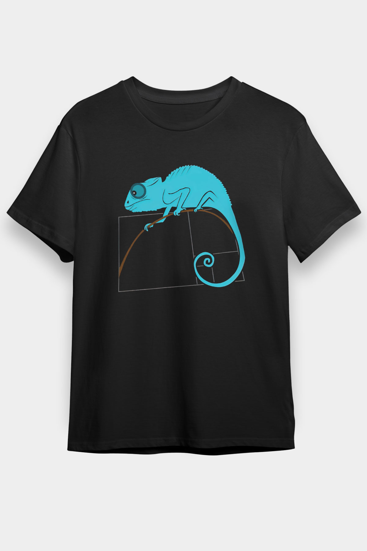 Fibonacci Spirali Bukalemun Baskılı Unisex Siyah Tişört - Tshirt