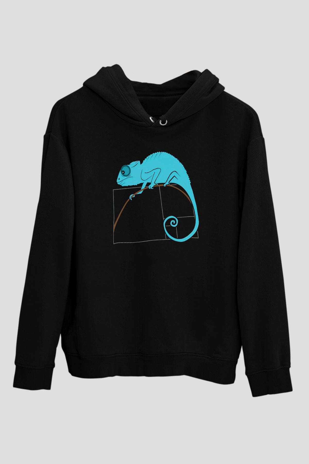 Fibonacci Spirali Bukalemun Baskılı Unisex Siyah Hoodie