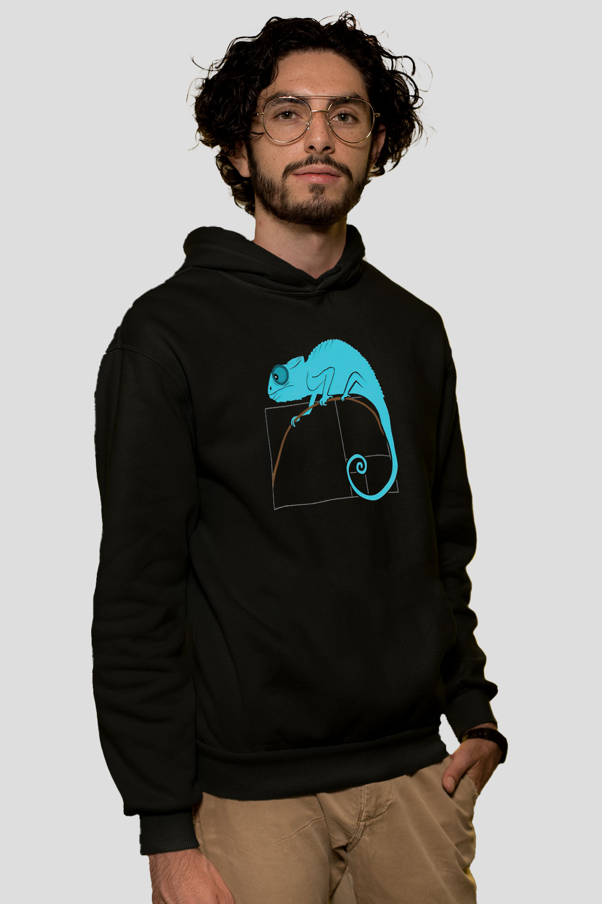 Fibonacci Spirali Bukalemun Baskılı Unisex Siyah Hoodie