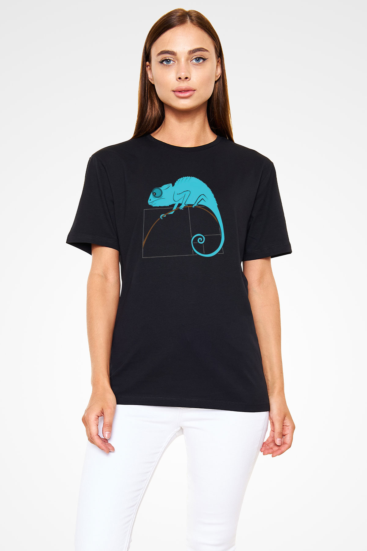 Fibonacci Spirali Bukalemun Baskılı Unisex Siyah Tişört - Tshirt