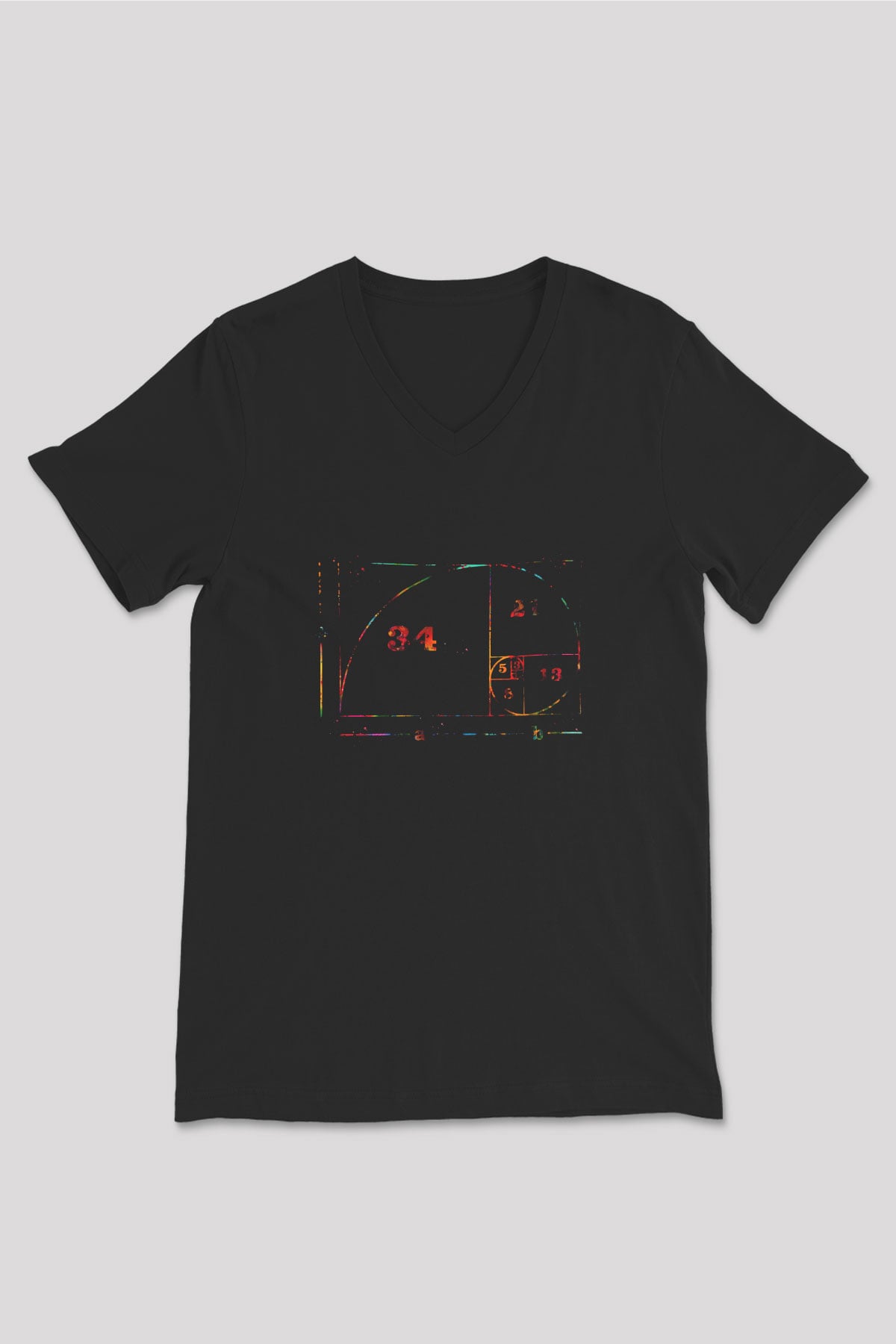 Fibonacci Spirali Renkli Baskılı Unisex V Yaka Siyah Tİşört - Tshirt