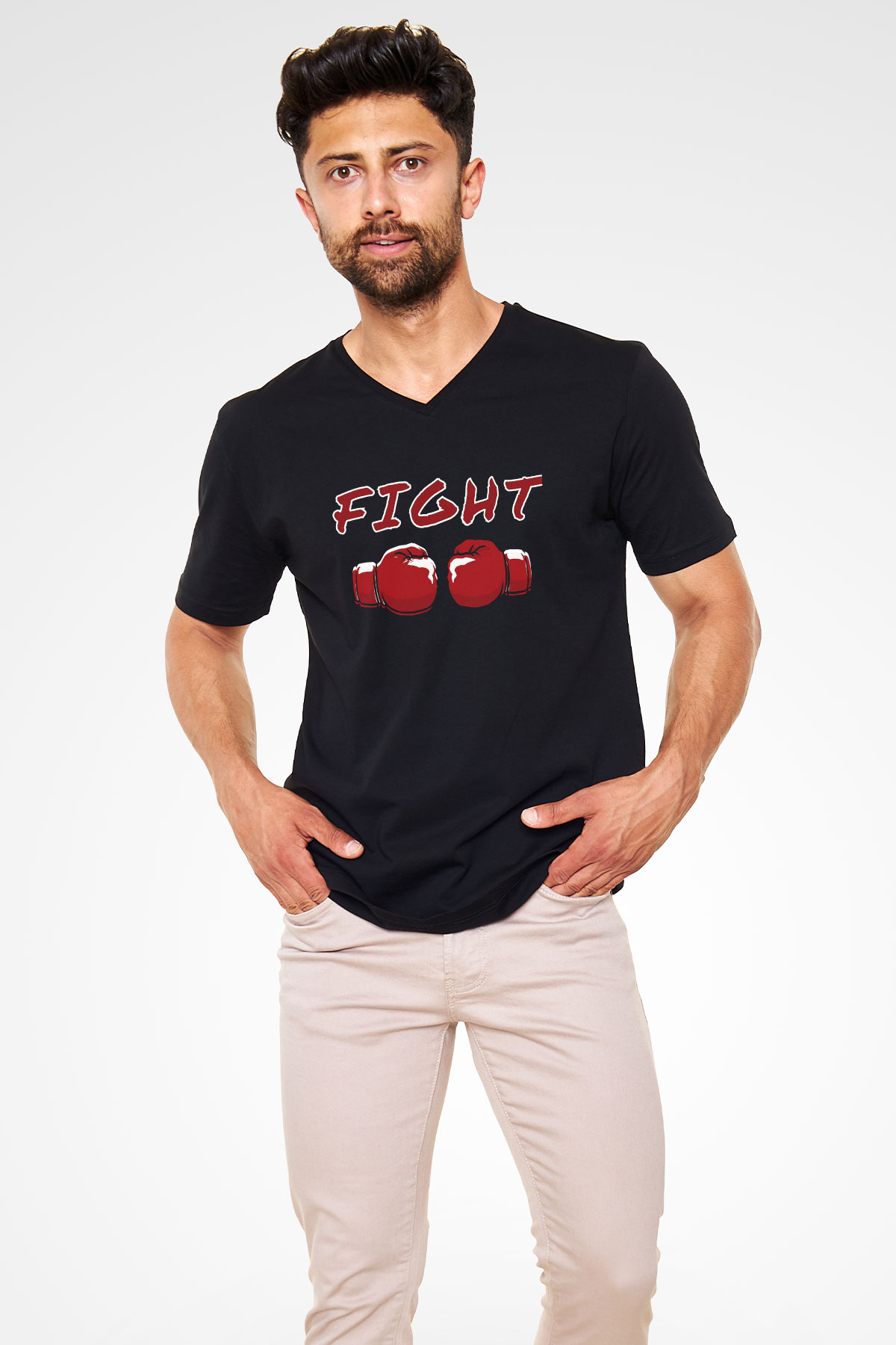 Fight Baskılı Unisex Siyah  V Yaka Tişört