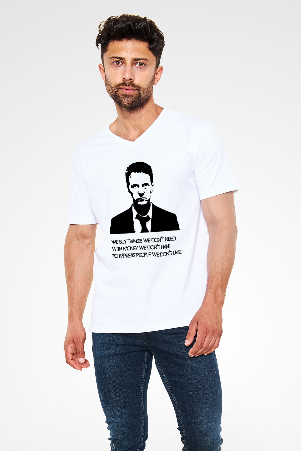 Fight Club Dövüş Klubü Beyaz Unisex V Yaka Tişört