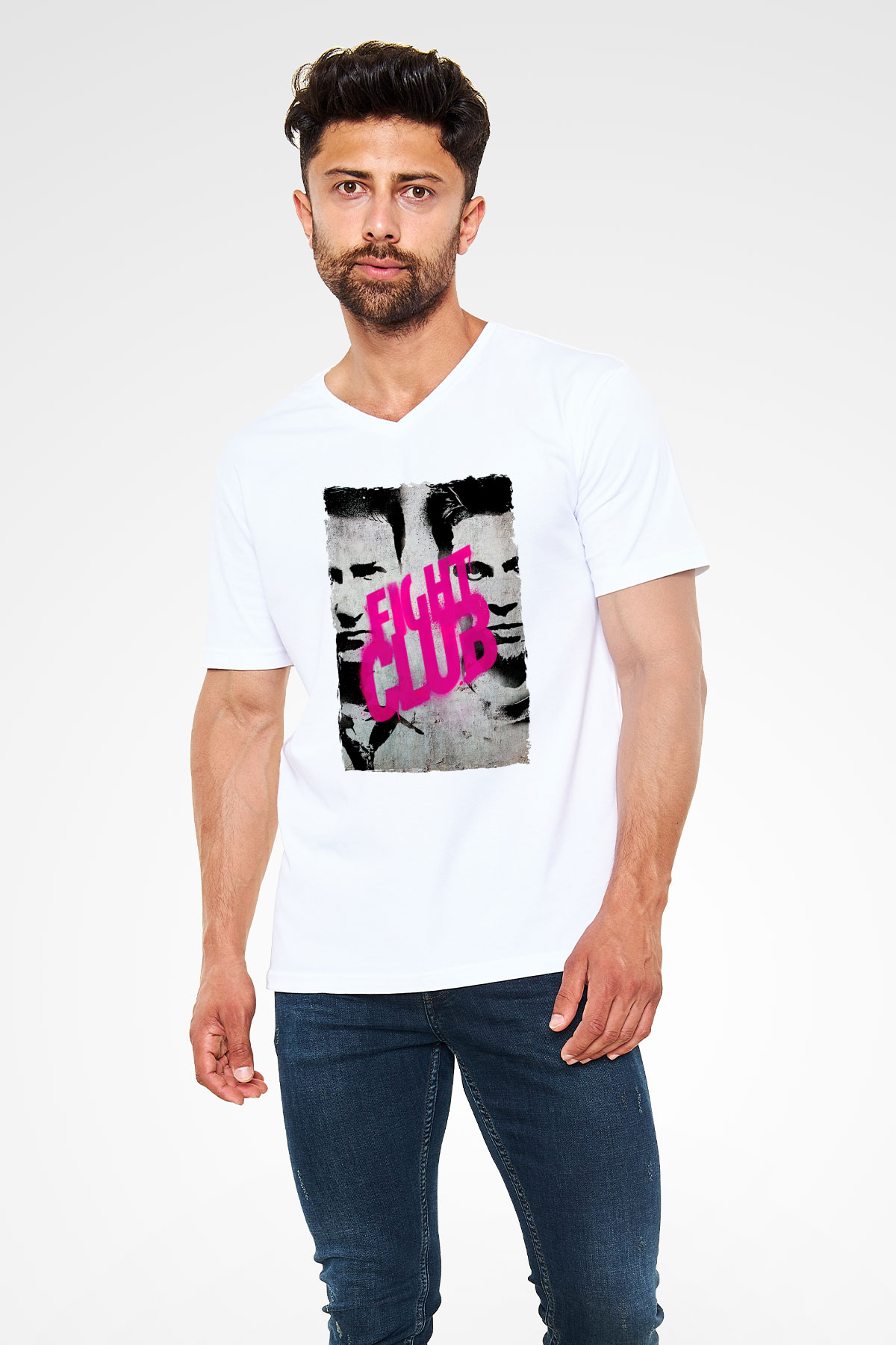 Fight Club Dövüş Klubü Beyaz Unisex  V Yaka Tişört